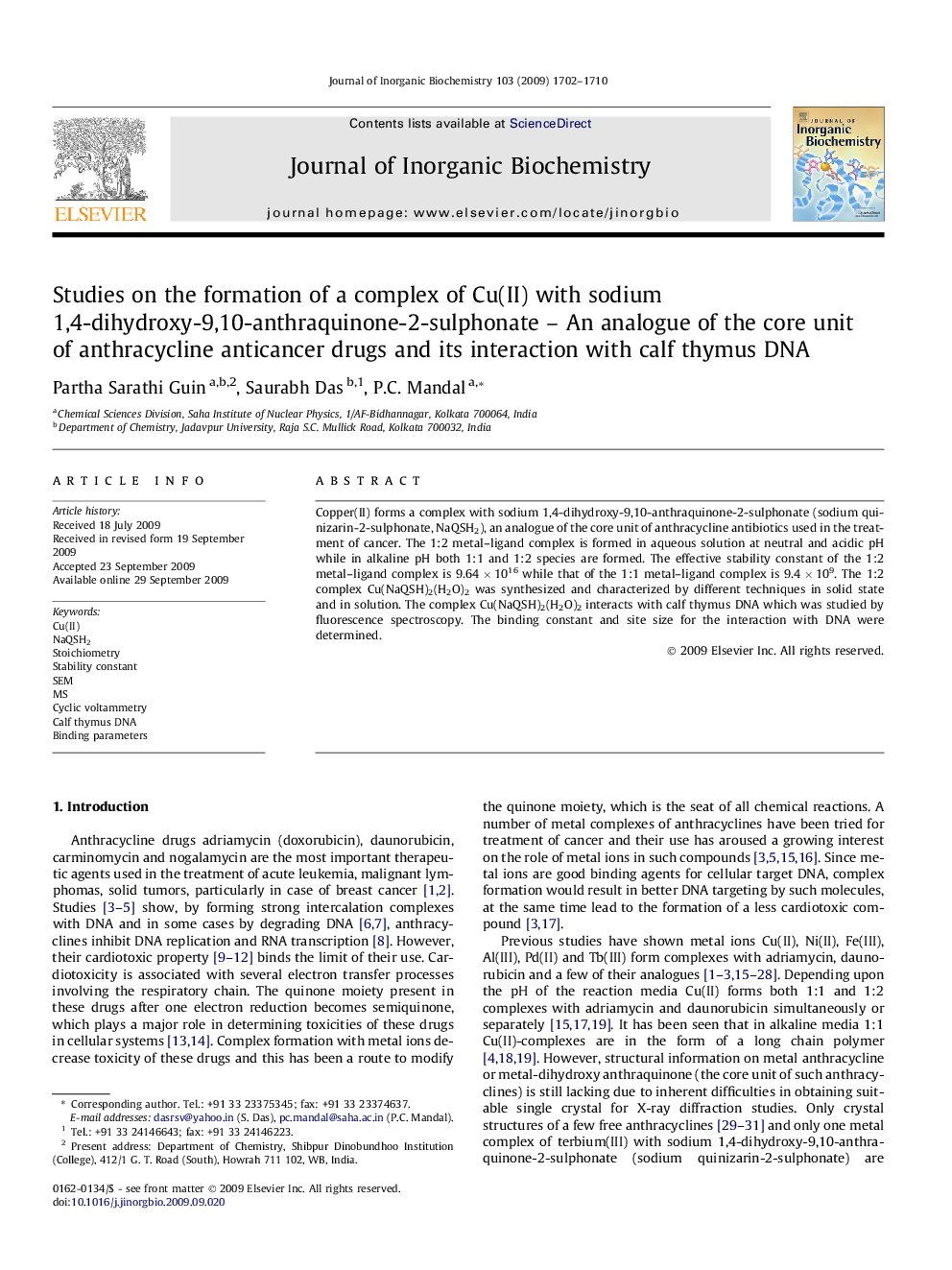 Studies on the formation of a complex of Cu(II) with sodium 1,4-dihydroxy-9,10-anthraquinone-2-sulphonate – An analogue of the core unit of anthracycline anticancer drugs and its interaction with calf thymus DNA