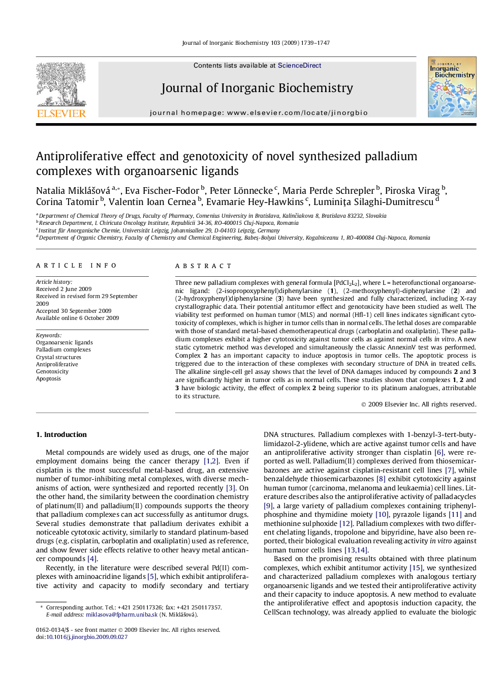 Antiproliferative effect and genotoxicity of novel synthesized palladium complexes with organoarsenic ligands