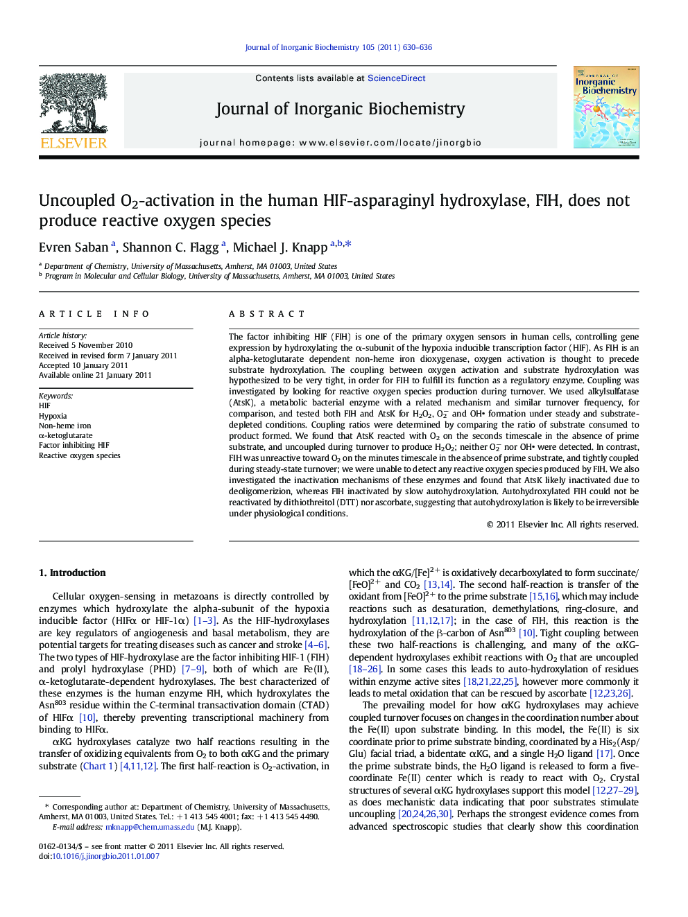 Uncoupled O2-activation in the human HIF-asparaginyl hydroxylase, FIH, does not produce reactive oxygen species