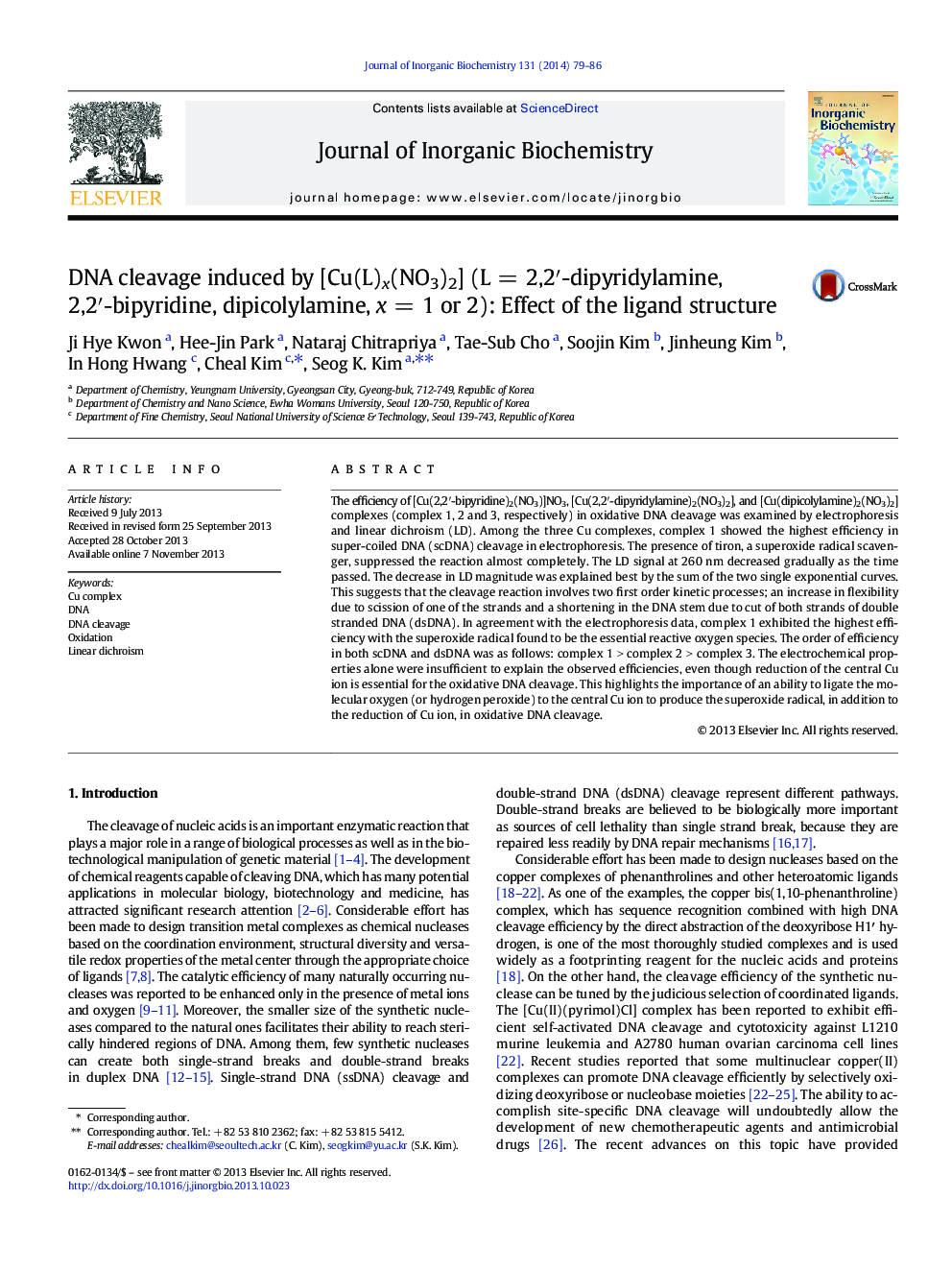 DNA cleavage induced by [Cu(L)x(NO3)2] (L = 2,2′-dipyridylamine, 2,2′-bipyridine, dipicolylamine, x = 1 or 2): Effect of the ligand structure