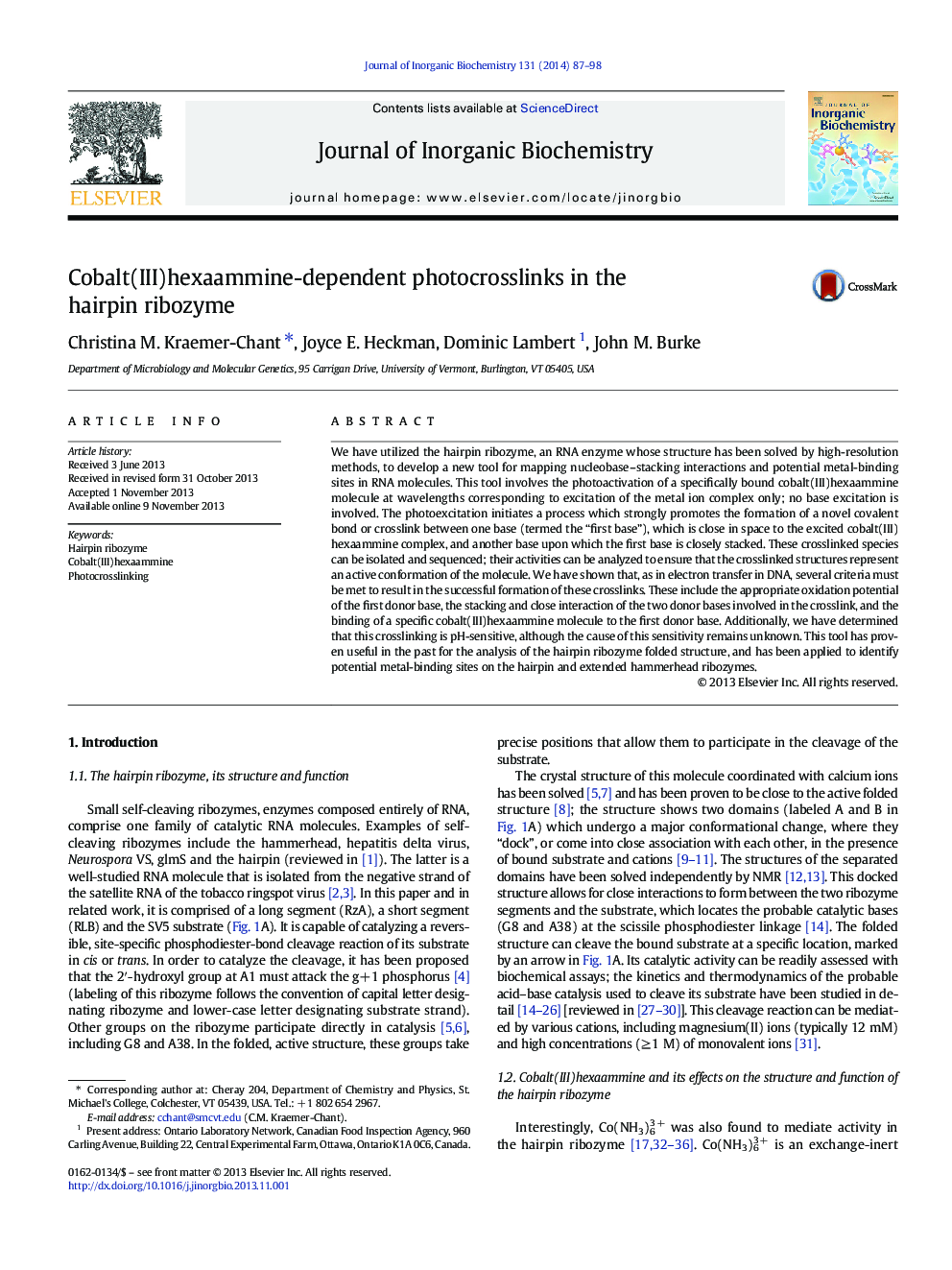 Cobalt(III)hexaammine-dependent photocrosslinks in the hairpin ribozyme