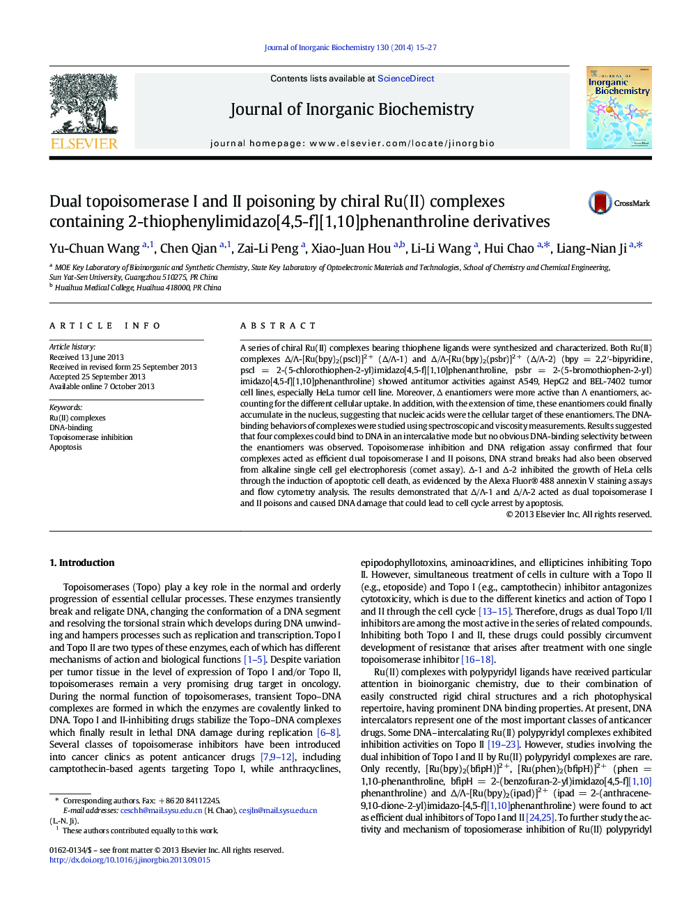 Dual topoisomerase I and II poisoning by chiral Ru(II) complexes containing 2-thiophenylimidazo[4,5-f][1,10]phenanthroline derivatives