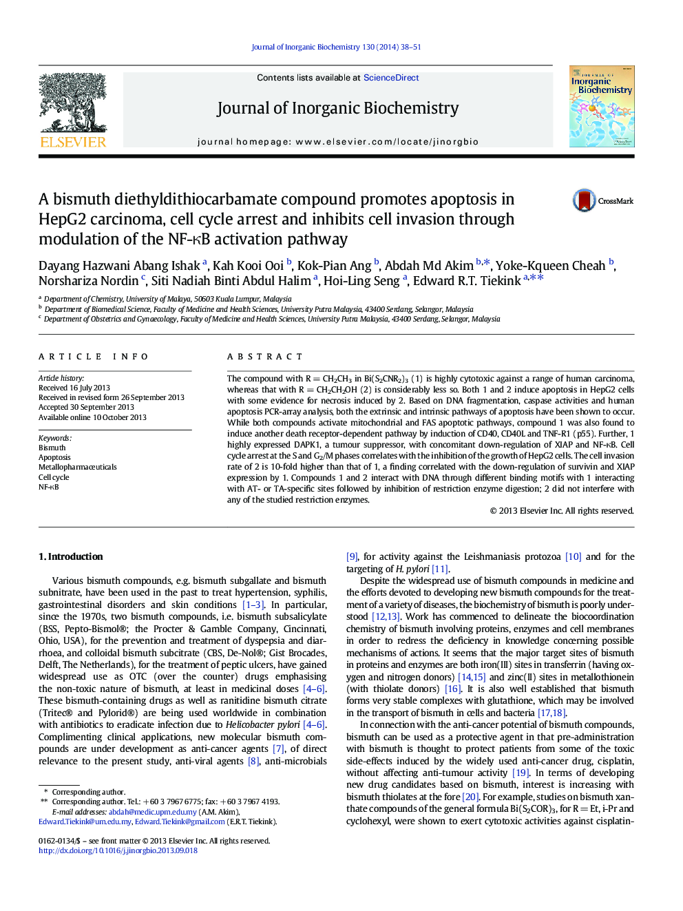 A bismuth diethyldithiocarbamate compound promotes apoptosis in HepG2 carcinoma, cell cycle arrest and inhibits cell invasion through modulation of the NF-κB activation pathway