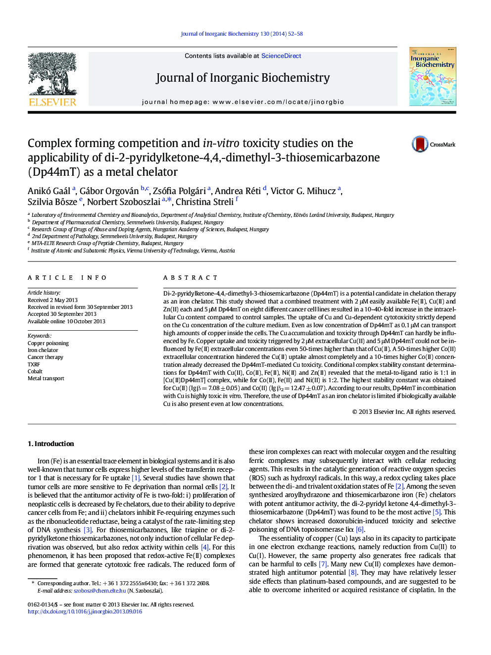 Complex forming competition and in-vitro toxicity studies on the applicability of di-2-pyridylketone-4,4,-dimethyl-3-thiosemicarbazone (Dp44mT) as a metal chelator