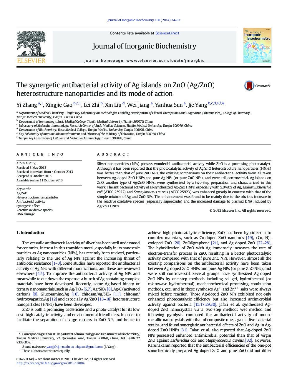 The synergetic antibacterial activity of Ag islands on ZnO (Ag/ZnO) heterostructure nanoparticles and its mode of action