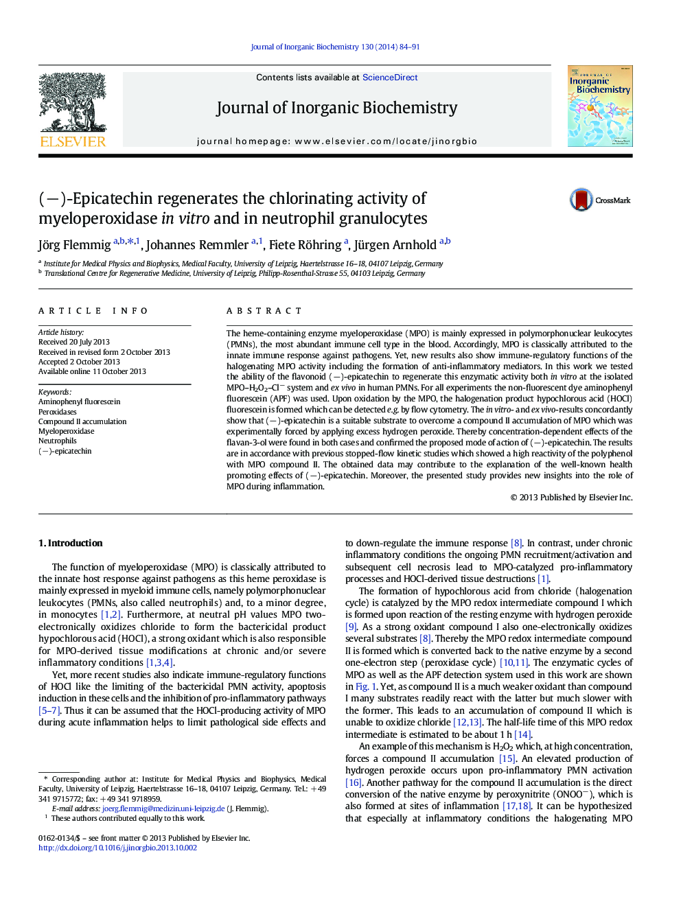 (−)-Epicatechin regenerates the chlorinating activity of myeloperoxidase in vitro and in neutrophil granulocytes