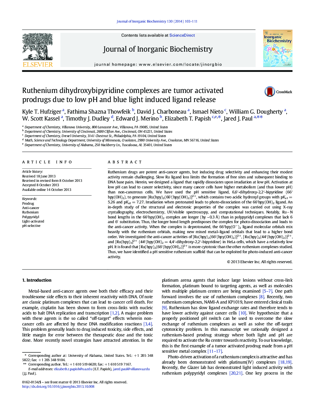 Ruthenium dihydroxybipyridine complexes are tumor activated prodrugs due to low pH and blue light induced ligand release