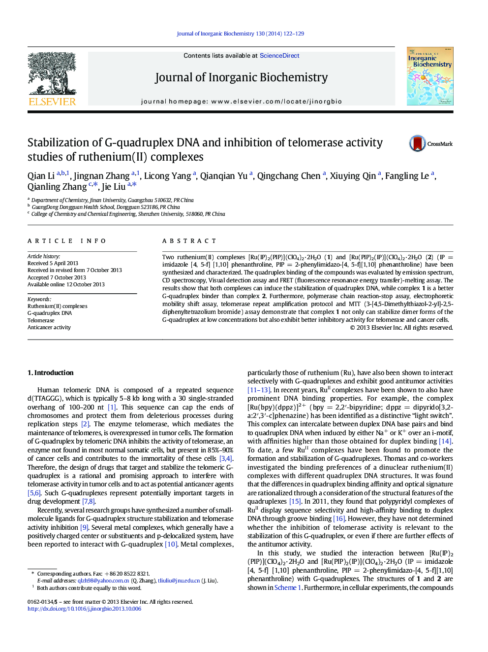 Stabilization of G-quadruplex DNA and inhibition of telomerase activity studies of ruthenium(II) complexes