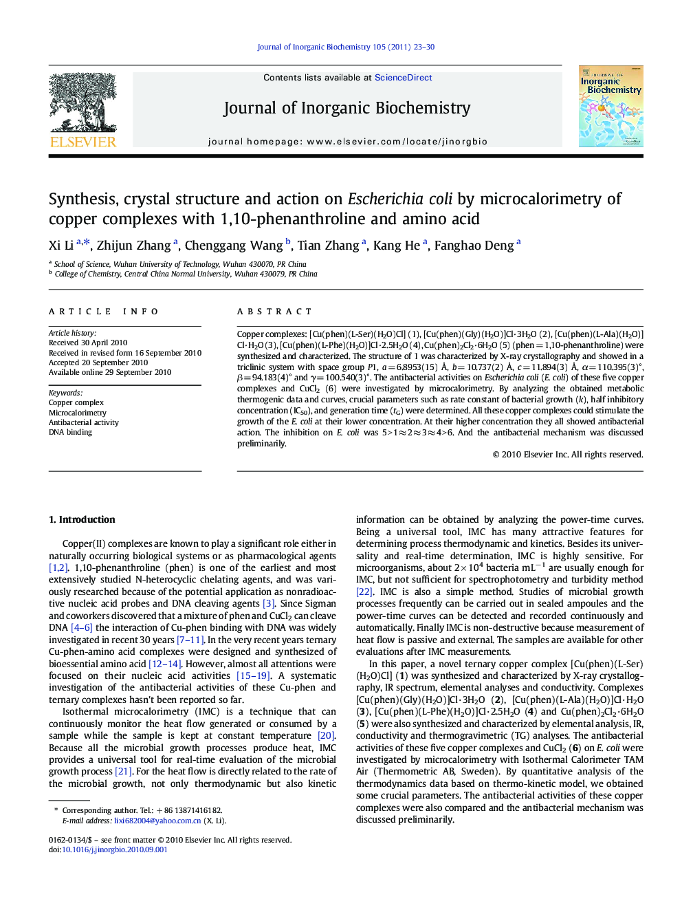 Synthesis, crystal structure and action on Escherichia coli by microcalorimetry of copper complexes with 1,10-phenanthroline and amino acid