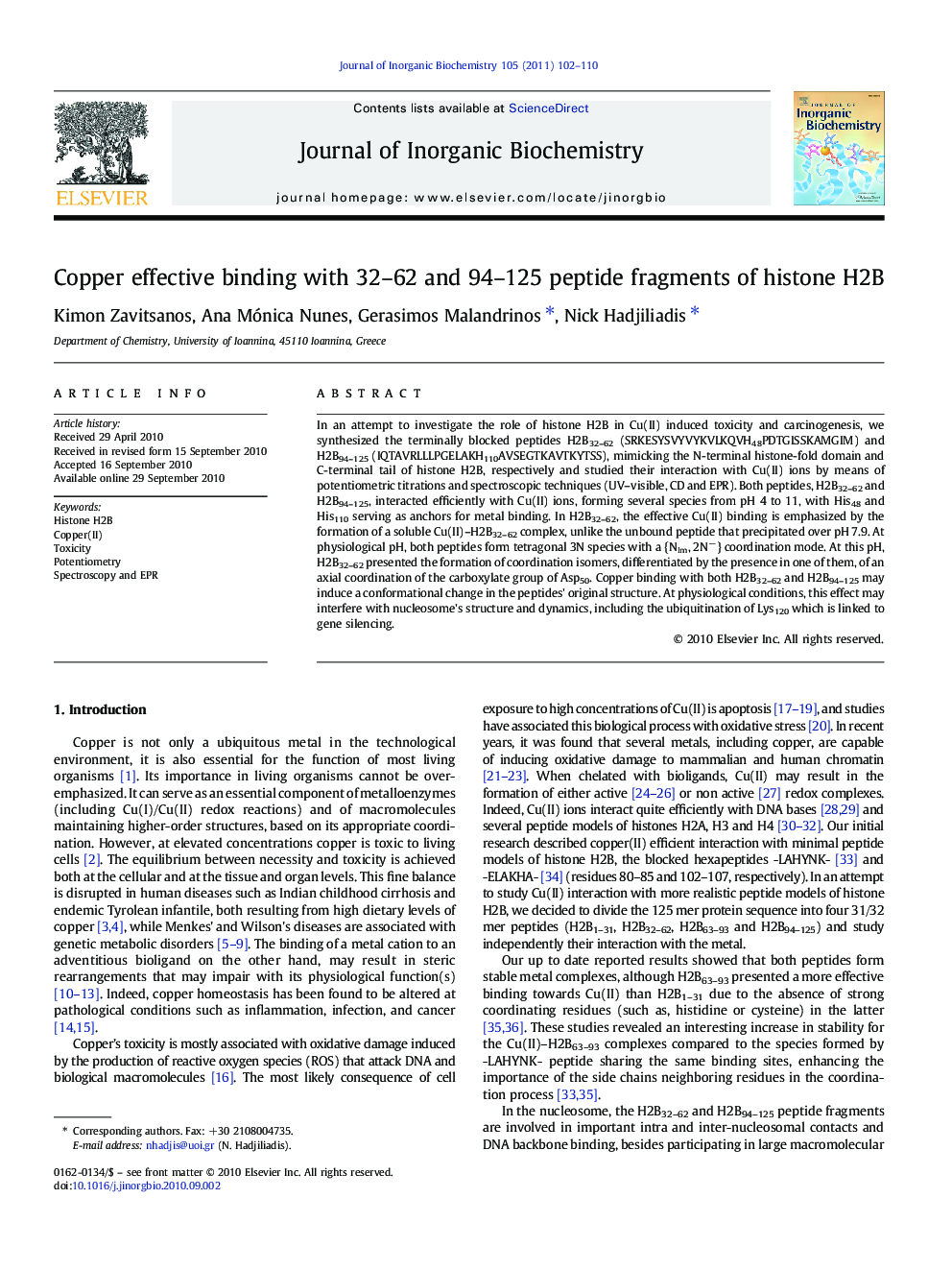 Copper effective binding with 32-62 and 94-125 peptide fragments of histone H2B