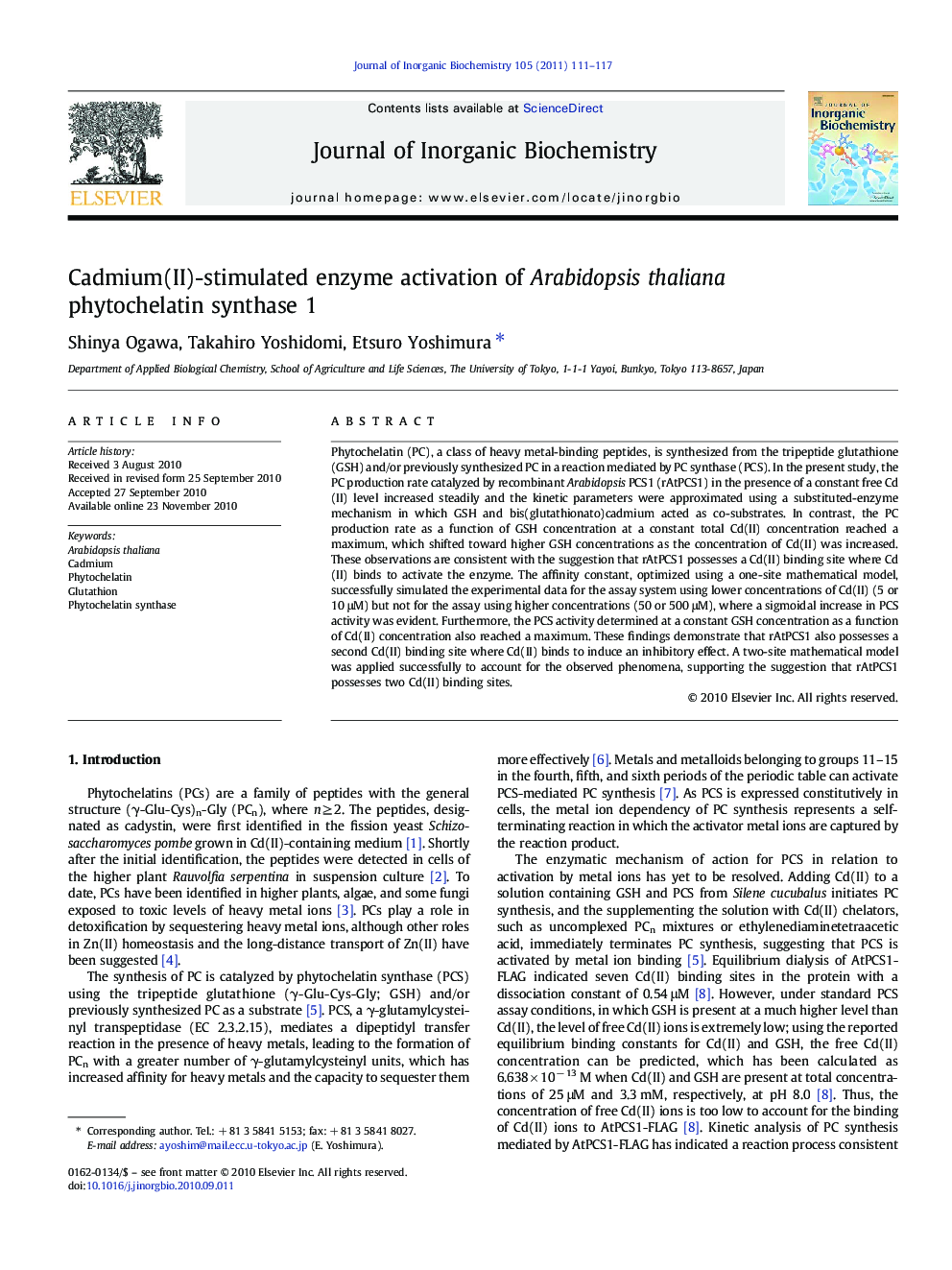 Cadmium(II)-stimulated enzyme activation of Arabidopsis thaliana phytochelatin synthase 1