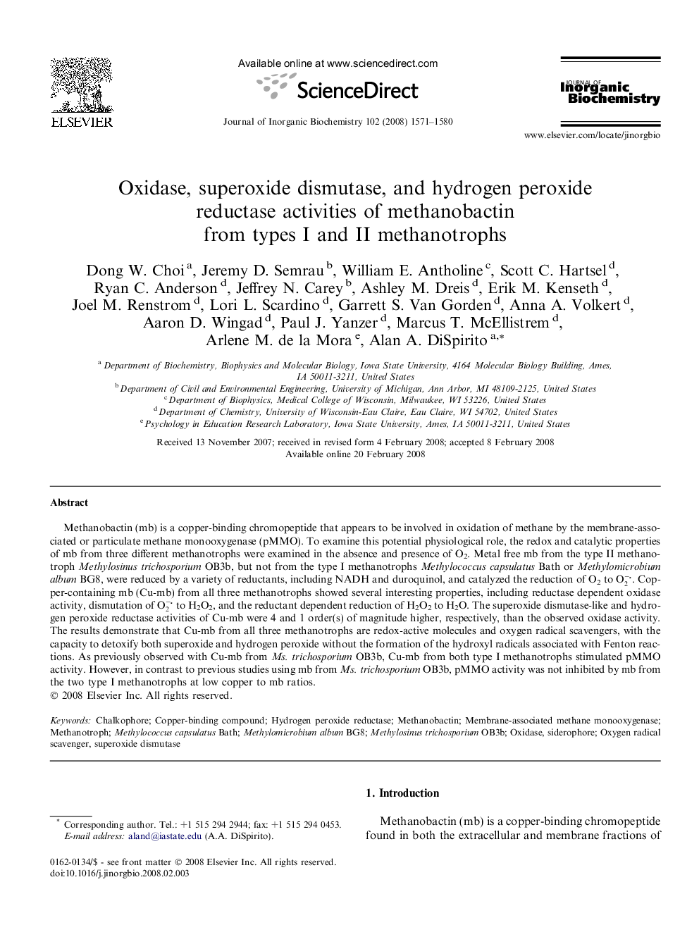 Oxidase, superoxide dismutase, and hydrogen peroxide reductase activities of methanobactin from types I and II methanotrophs