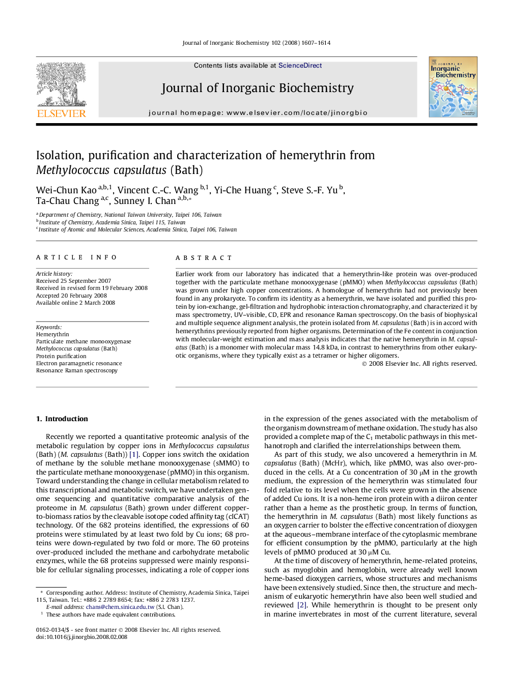 Isolation, purification and characterization of hemerythrin from Methylococcus capsulatus (Bath)