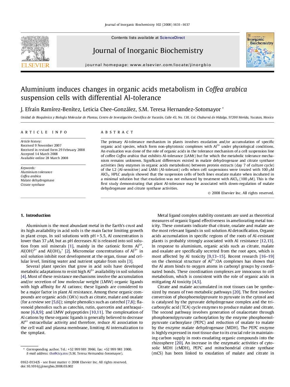 Aluminium induces changes in organic acids metabolism in Coffea arabica suspension cells with differential Al-tolerance