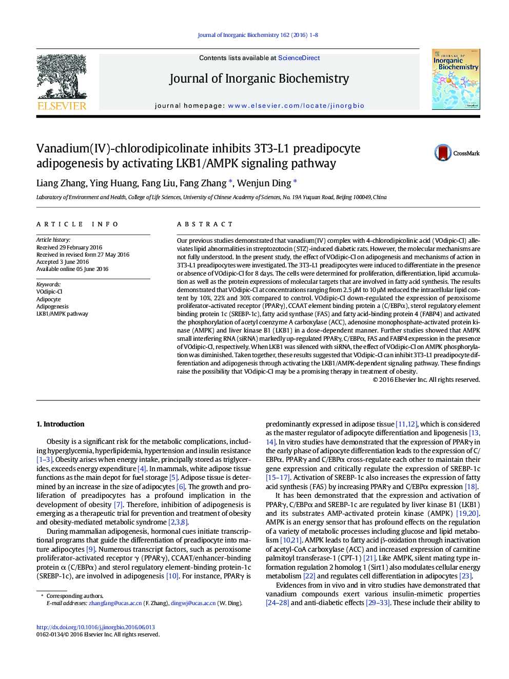 Vanadium(IV)-chlorodipicolinate inhibits 3T3-L1 preadipocyte adipogenesis by activating LKB1/AMPK signaling pathway