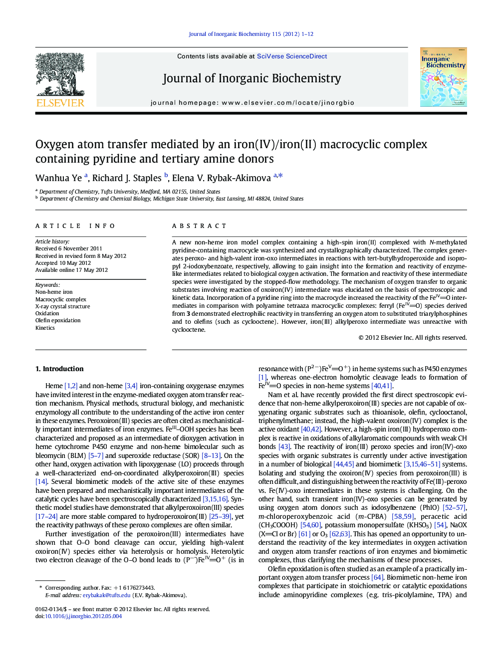 Oxygen atom transfer mediated by an iron(IV)/iron(II) macrocyclic complex containing pyridine and tertiary amine donors