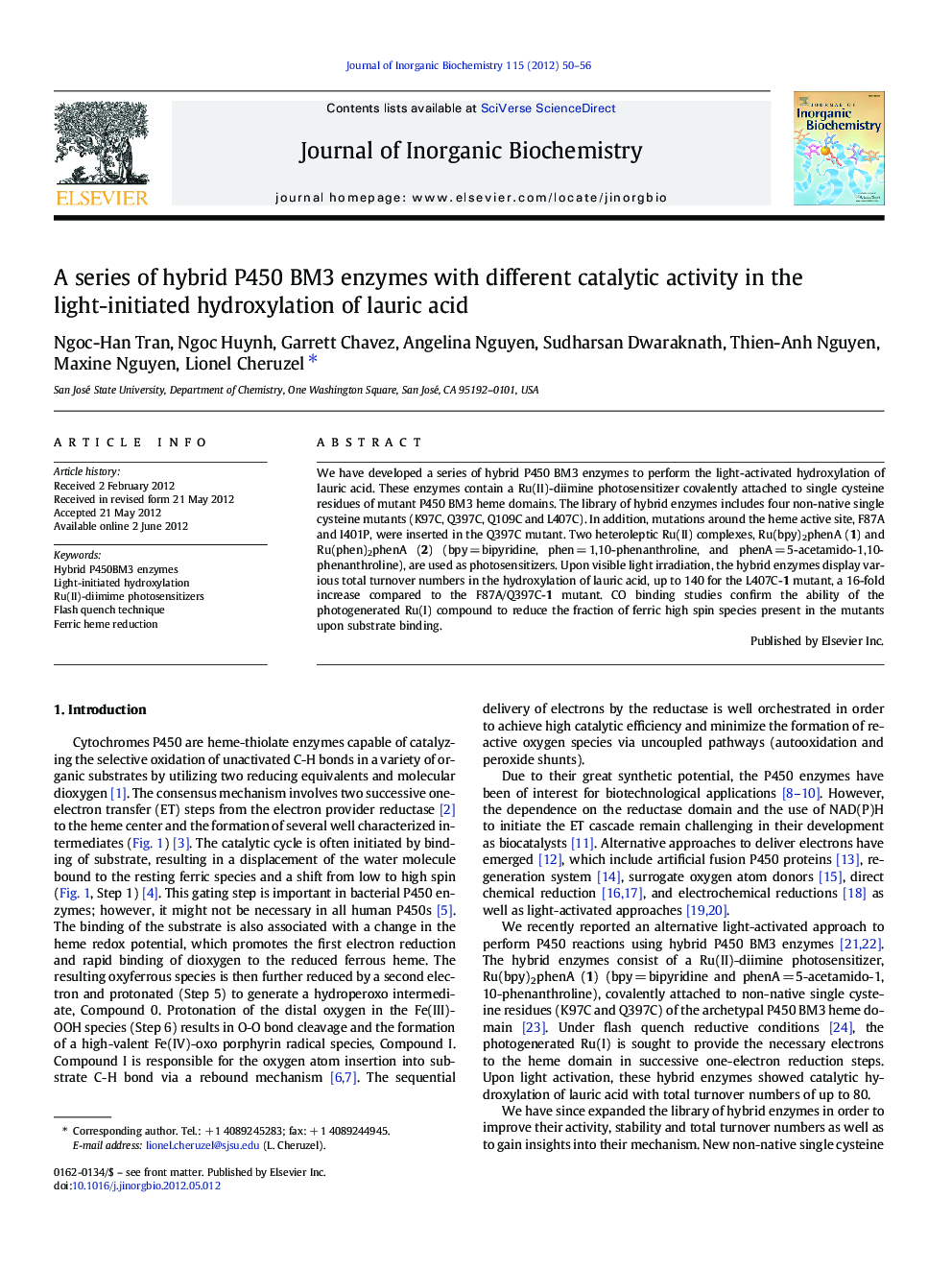 A series of hybrid P450 BM3 enzymes with different catalytic activity in the light-initiated hydroxylation of lauric acid