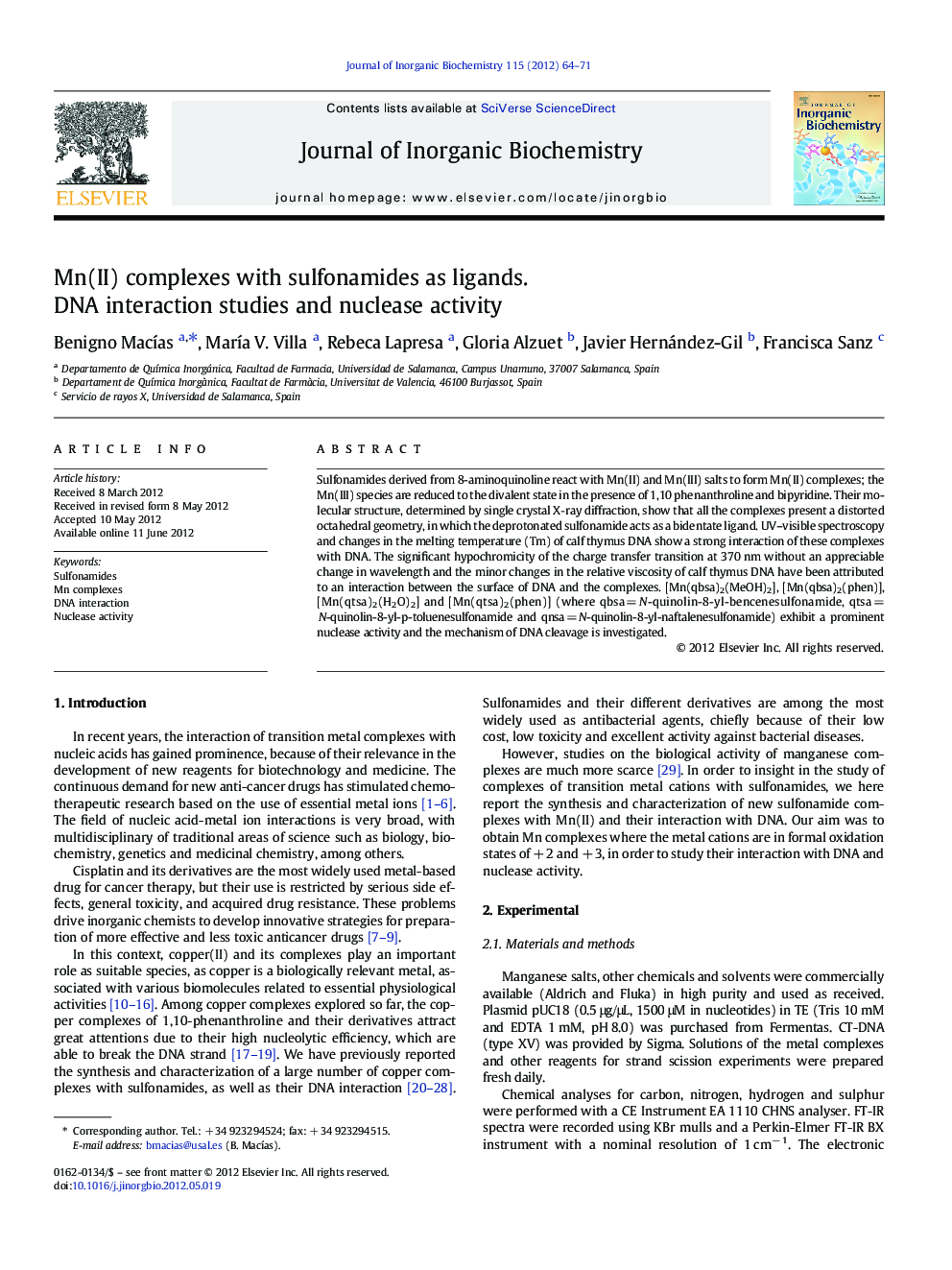 Mn(II) complexes with sulfonamides as ligands.: DNA interaction studies and nuclease activity