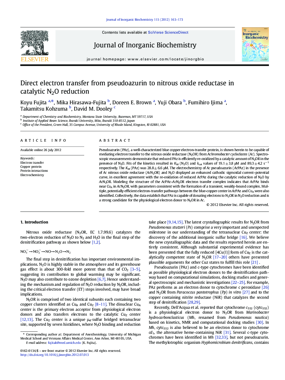 Direct electron transfer from pseudoazurin to nitrous oxide reductase in catalytic N2O reduction