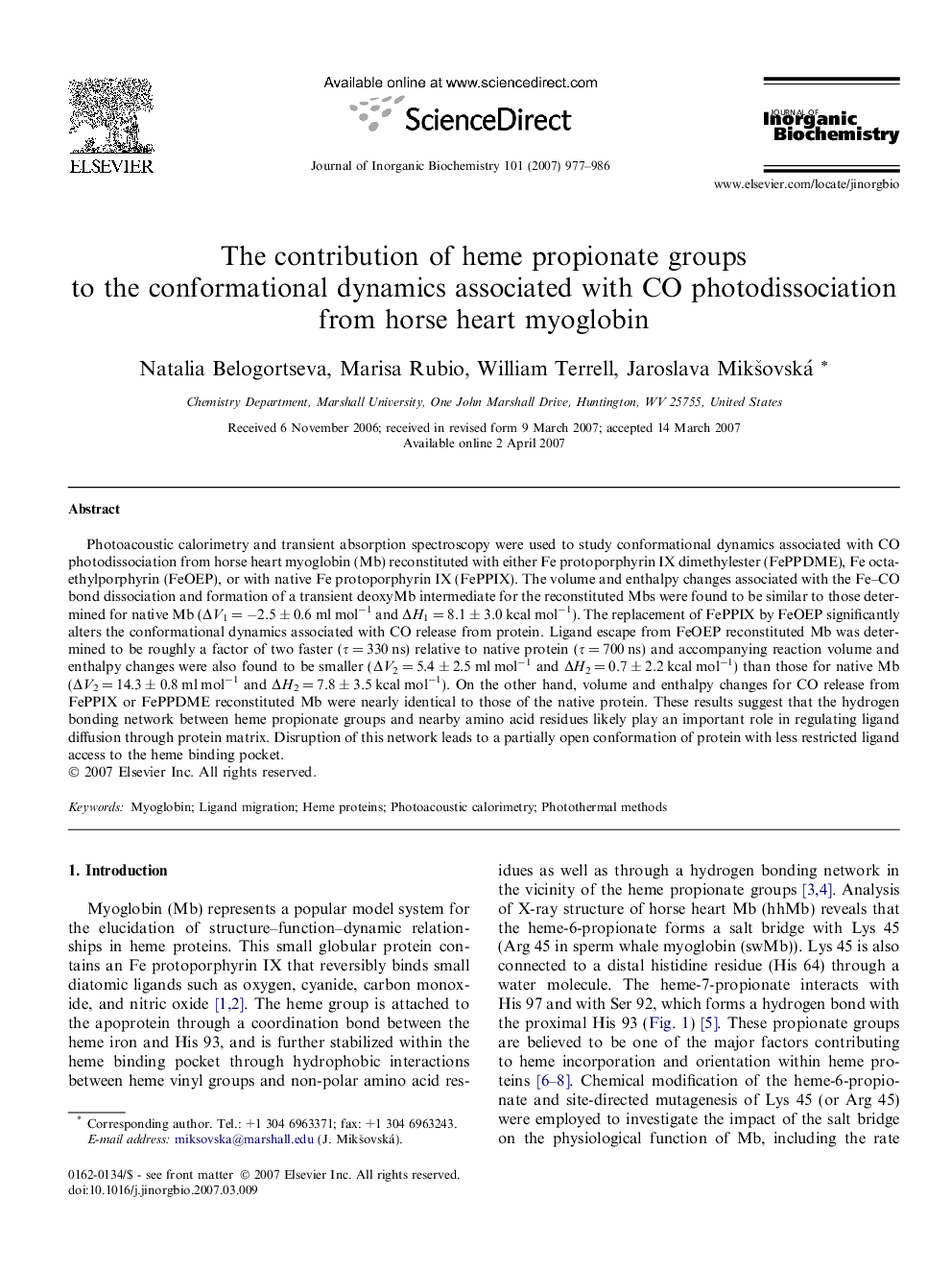 The contribution of heme propionate groups to the conformational dynamics associated with CO photodissociation from horse heart myoglobin