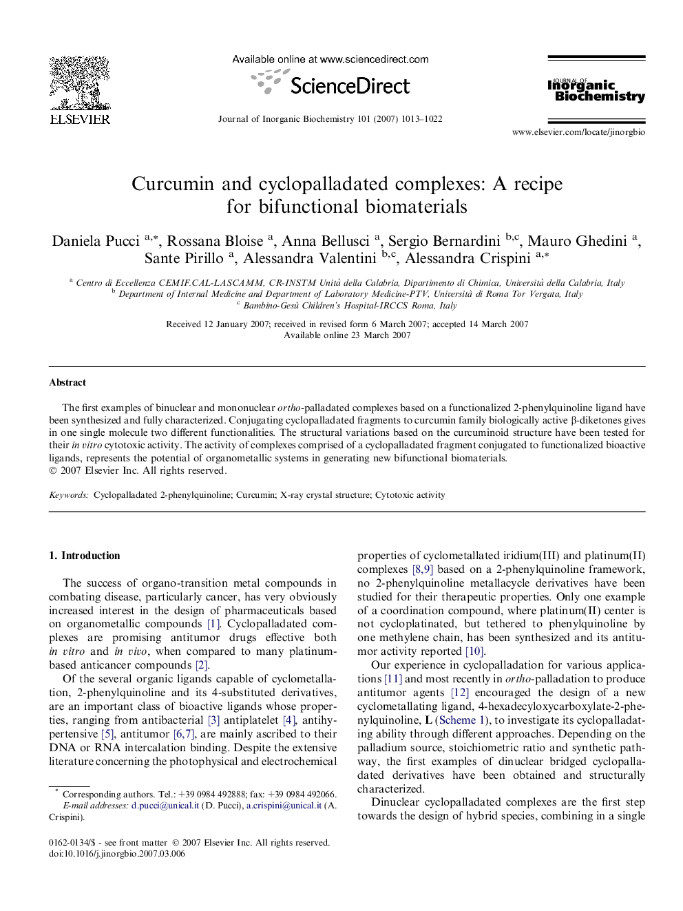 Curcumin and cyclopalladated complexes: A recipe for bifunctional biomaterials