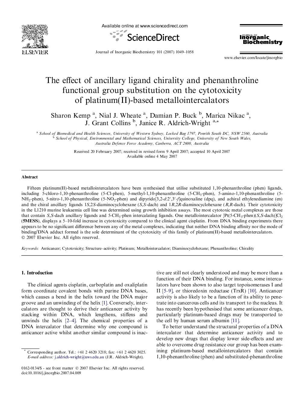 The effect of ancillary ligand chirality and phenanthroline functional group substitution on the cytotoxicity of platinum(II)-based metallointercalators