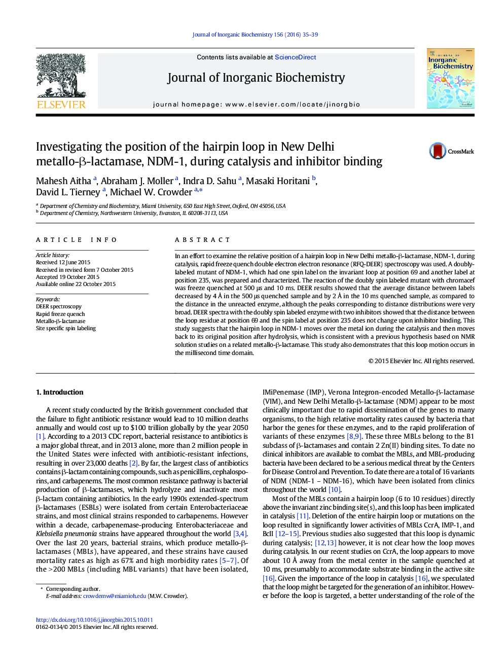 Investigating the position of the hairpin loop in New Delhi metallo-β-lactamase, NDM-1, during catalysis and inhibitor binding