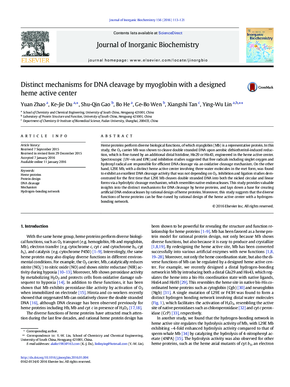 Distinct mechanisms for DNA cleavage by myoglobin with a designed heme active center