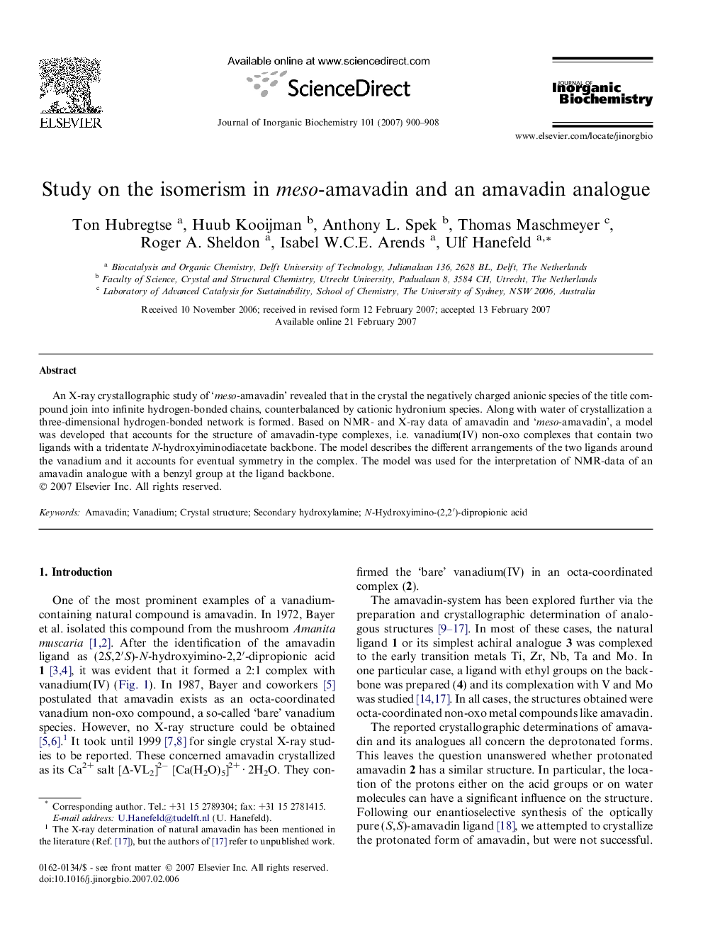 عکس صفحه اول مقاله: Study on the isomerism in meso-amavadin and an amavadin analogue Study on the isomerism in meso-amavadin and an amavadin analogue