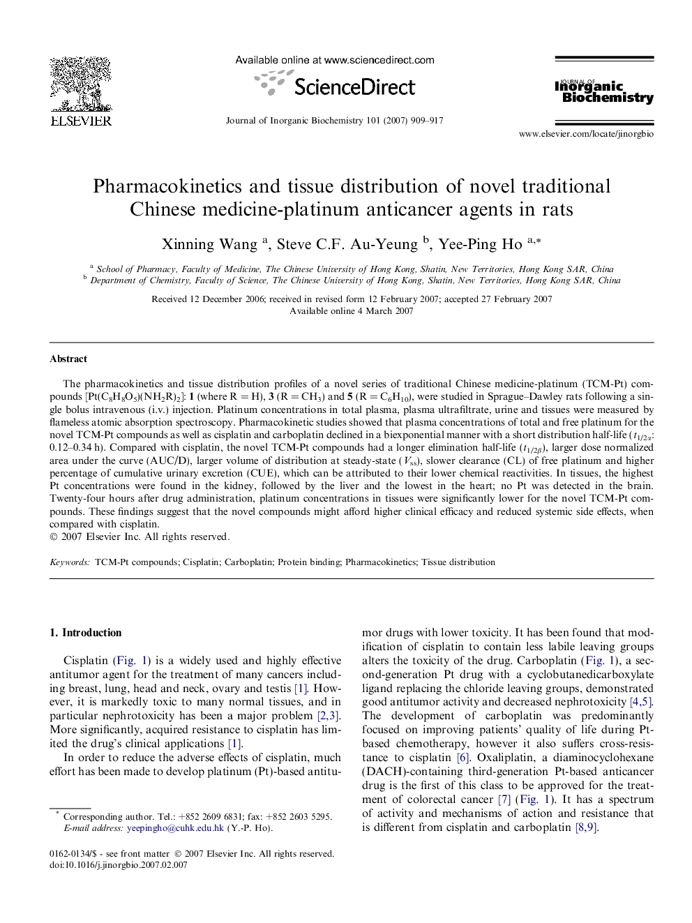 Pharmacokinetics and tissue distribution of novel traditional Chinese medicine-platinum anticancer agents in rats