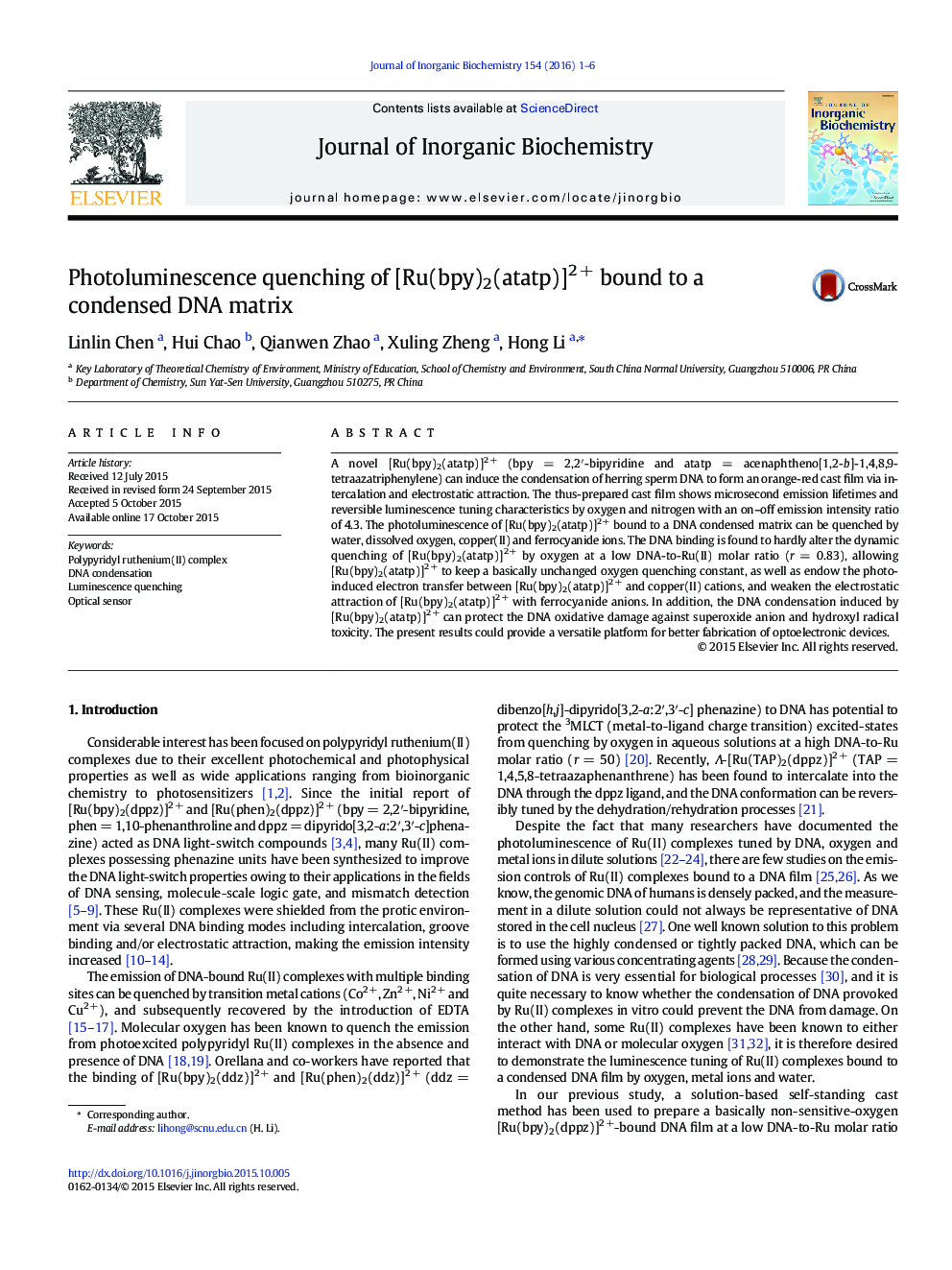 Photoluminescence quenching of [Ru(bpy)2(atatp)]2 + bound to a condensed DNA matrix