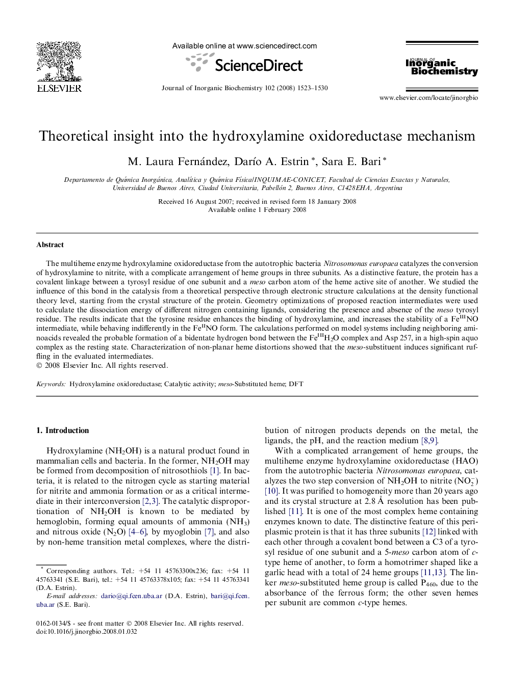 Theoretical insight into the hydroxylamine oxidoreductase mechanism