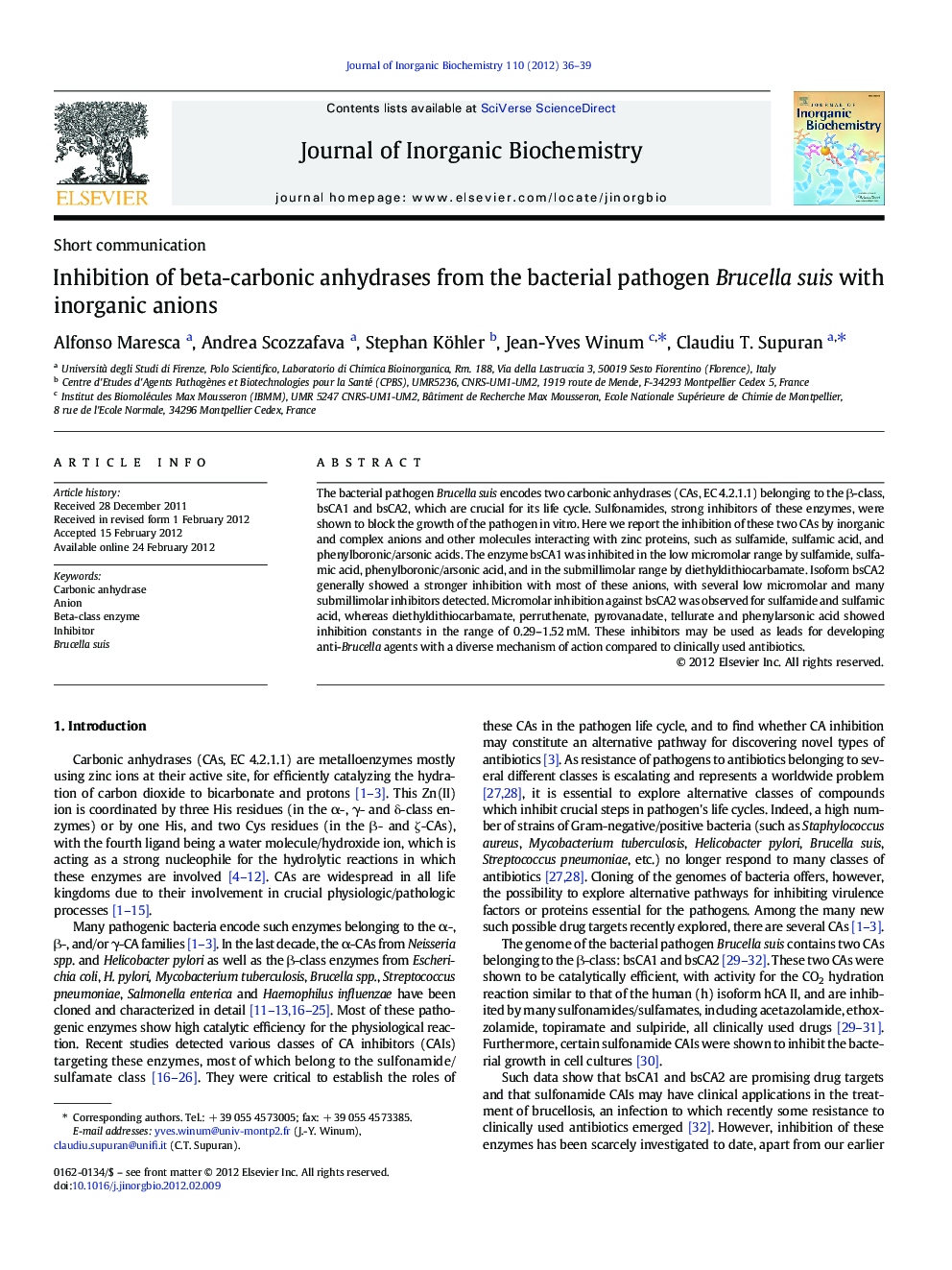 Inhibition of beta-carbonic anhydrases from the bacterial pathogen Brucella suis with inorganic anions