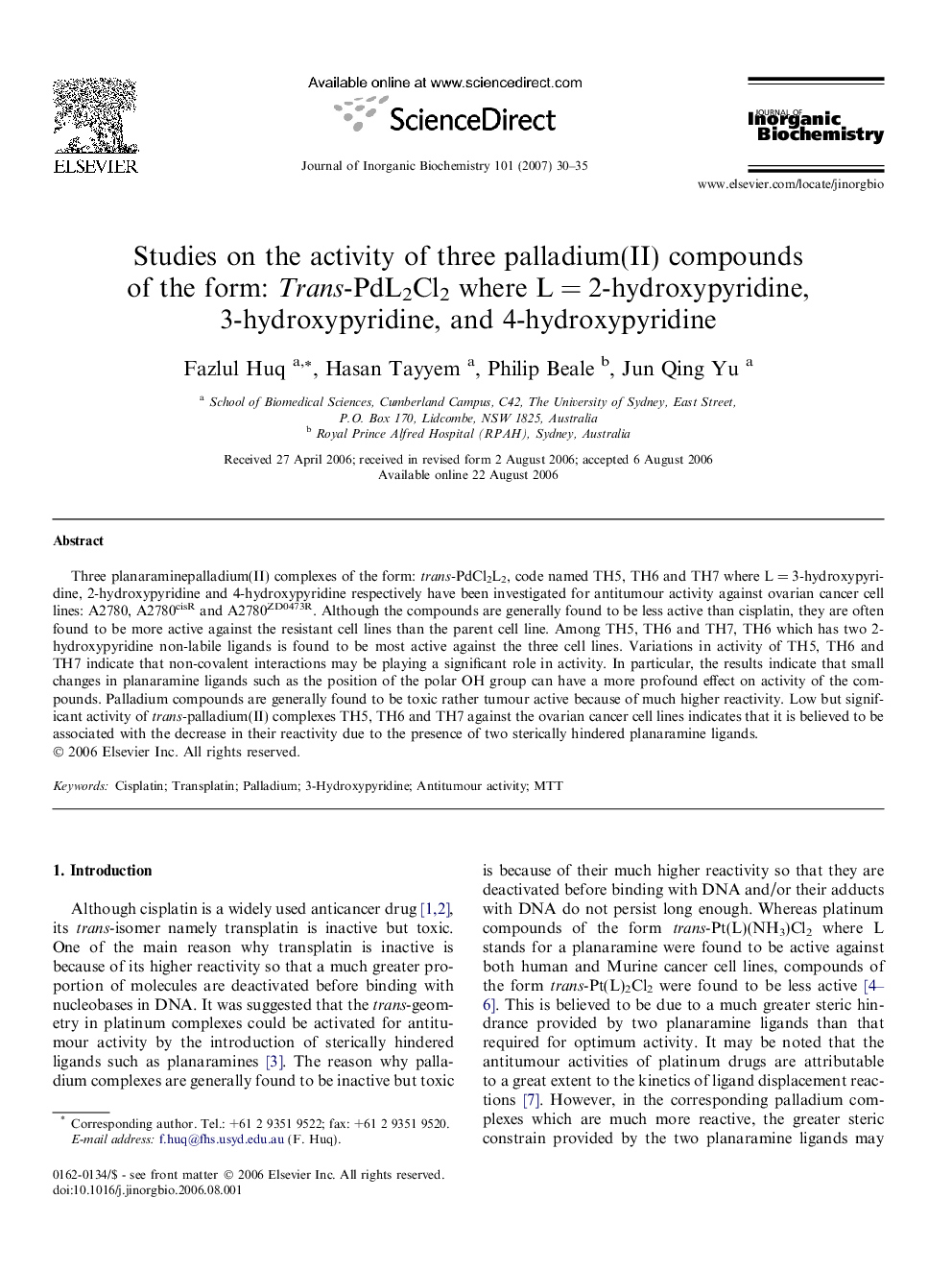 Studies on the activity of three palladium(II) compounds of the form: Trans-PdL2Cl2 where L = 2-hydroxypyridine, 3-hydroxypyridine, and 4-hydroxypyridine