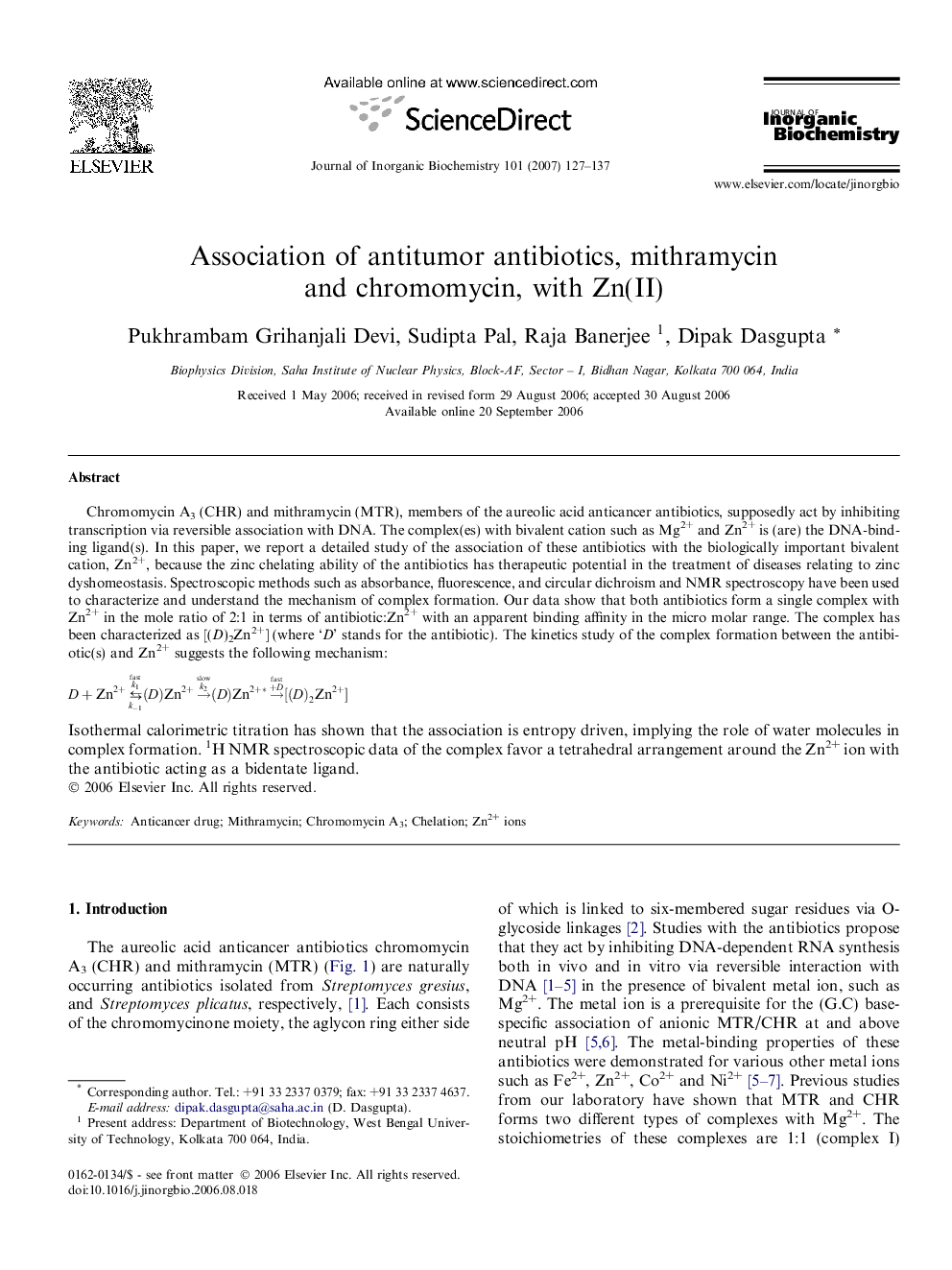 Association of antitumor antibiotics, mithramycin and chromomycin, with Zn(II)