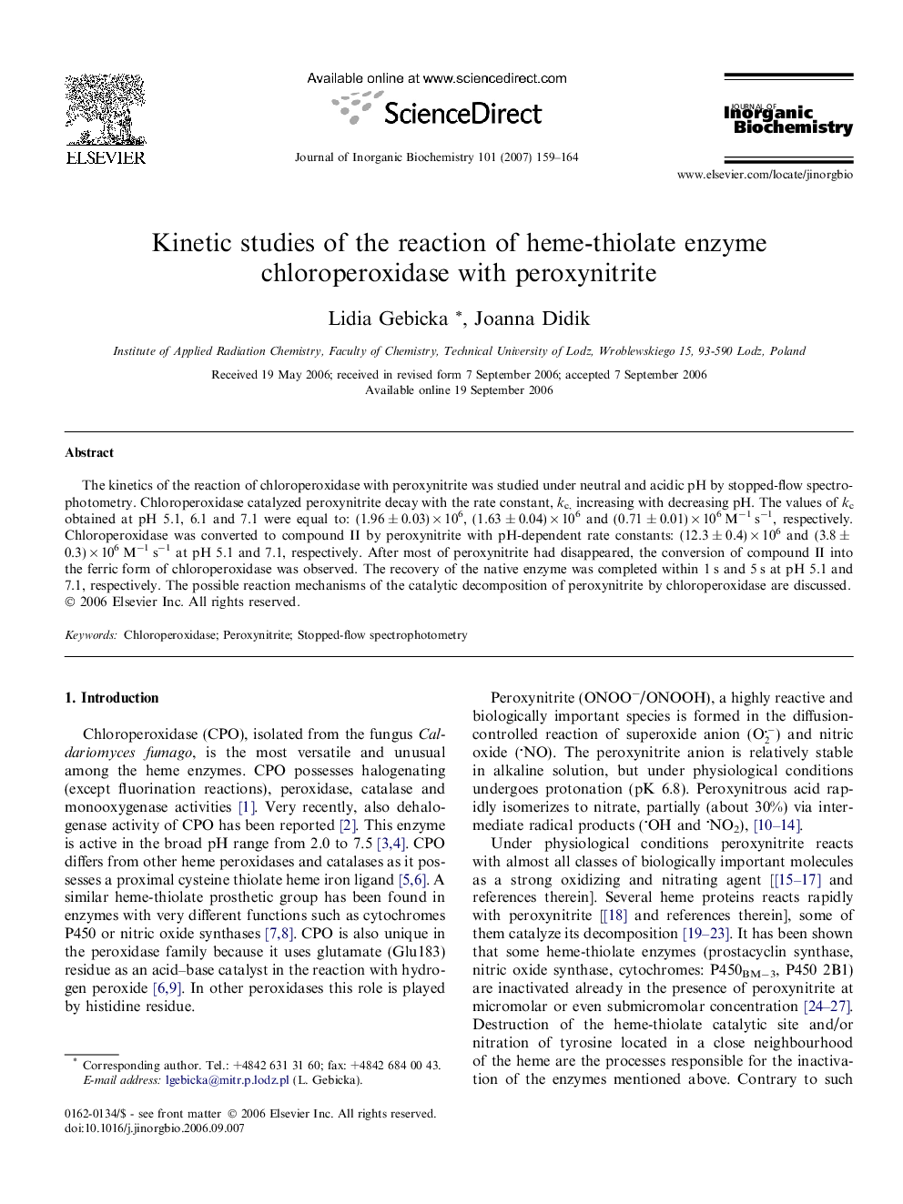 Kinetic studies of the reaction of heme-thiolate enzyme chloroperoxidase with peroxynitrite