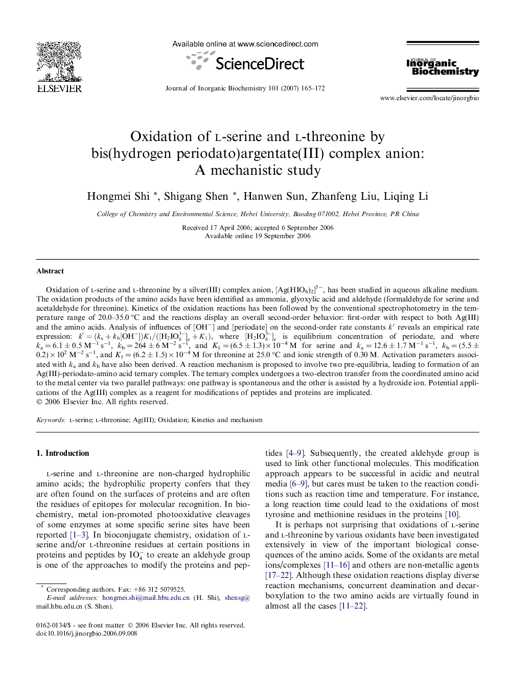 Oxidation of l-serine and l-threonine by bis(hydrogen periodato)argentate(III) complex anion: A mechanistic study