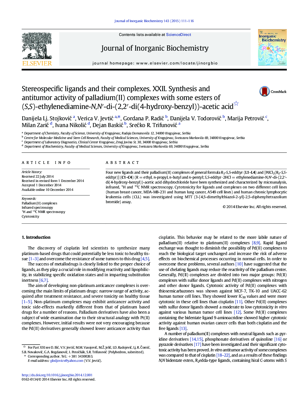 Stereospecific ligands and their complexes. XXII. Synthesis and antitumor activity of palladium(II) complexes with some esters of (S,S)-ethylenediamine-N,N′-di-(2,2′-di(4-hydroxy-benzyl))-acetic acid 