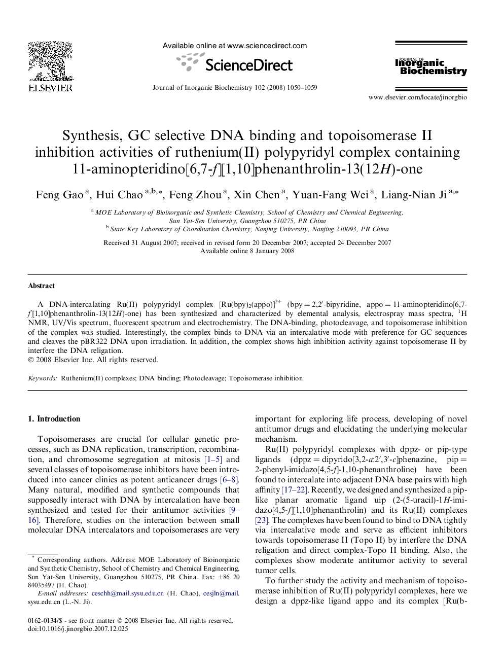 Synthesis, GC selective DNA binding and topoisomerase II inhibition activities of ruthenium(II) polypyridyl complex containing 11-aminopteridino[6,7-f][1,10]phenanthrolin-13(12H)-one