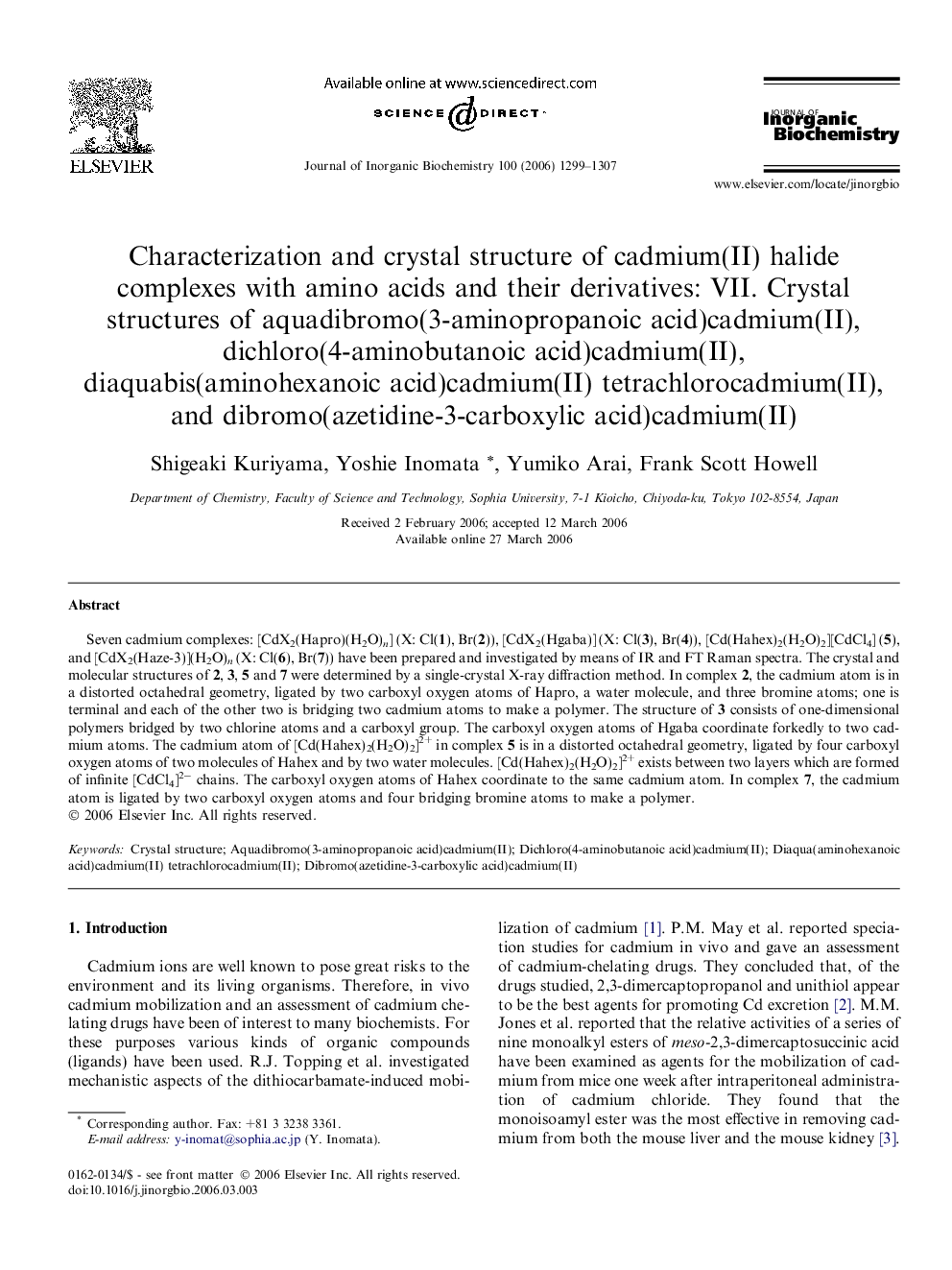 Characterization and crystal structure of cadmium(II) halide complexes with amino acids and their derivatives: VII. Crystal structures of aquadibromo(3-aminopropanoic acid)cadmium(II), dichloro(4-aminobutanoic acid)cadmium(II), diaquabis(aminohexanoic aci