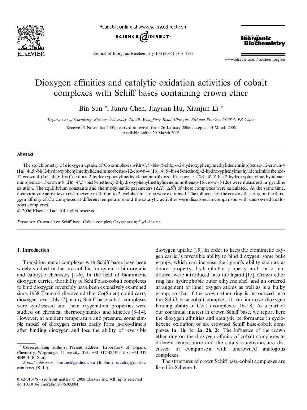 Dioxygen affinities and catalytic oxidation activities of cobalt complexes with Schiff bases containing crown ether