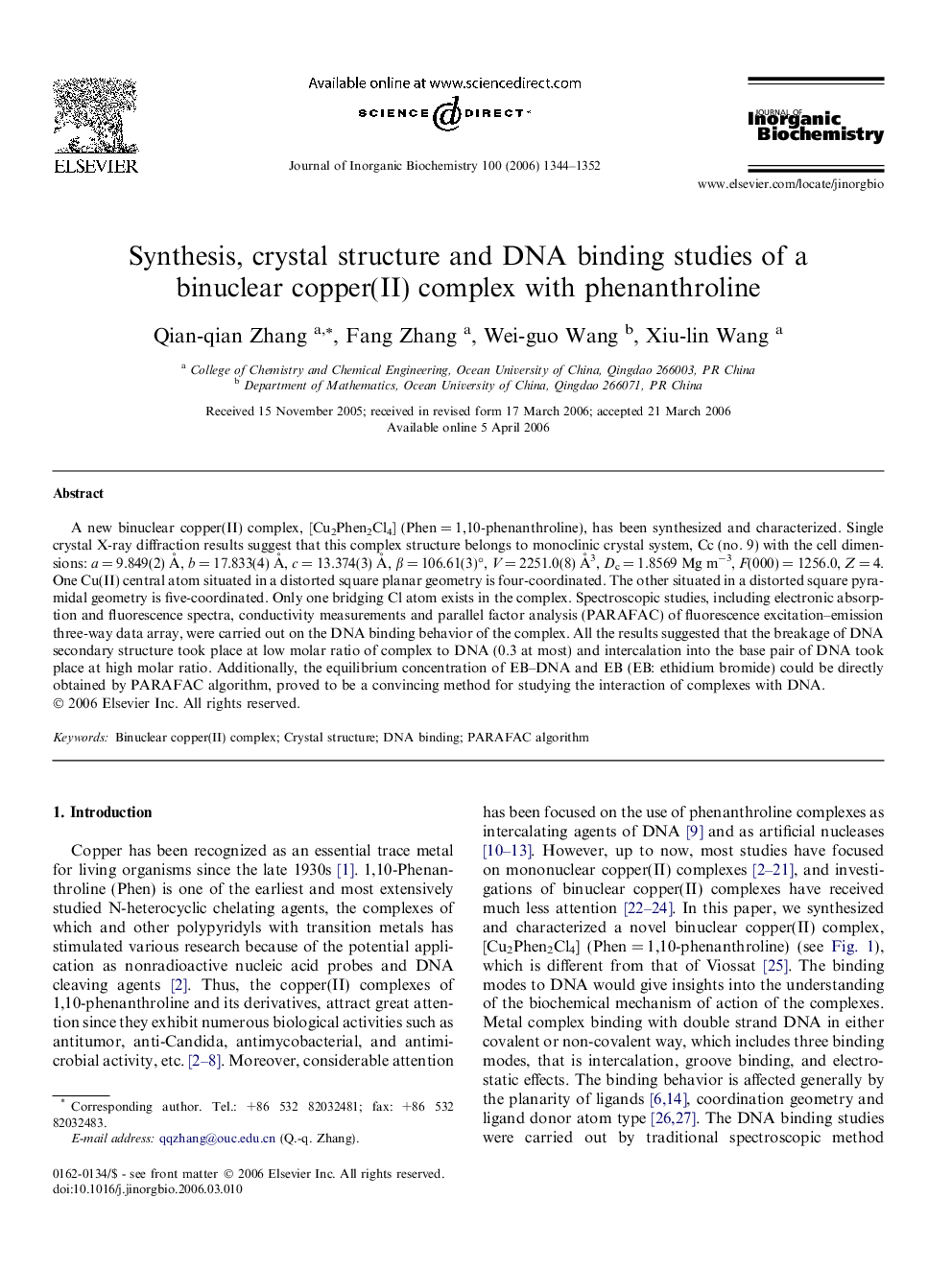 Synthesis, crystal structure and DNA binding studies of a binuclear copper(II) complex with phenanthroline