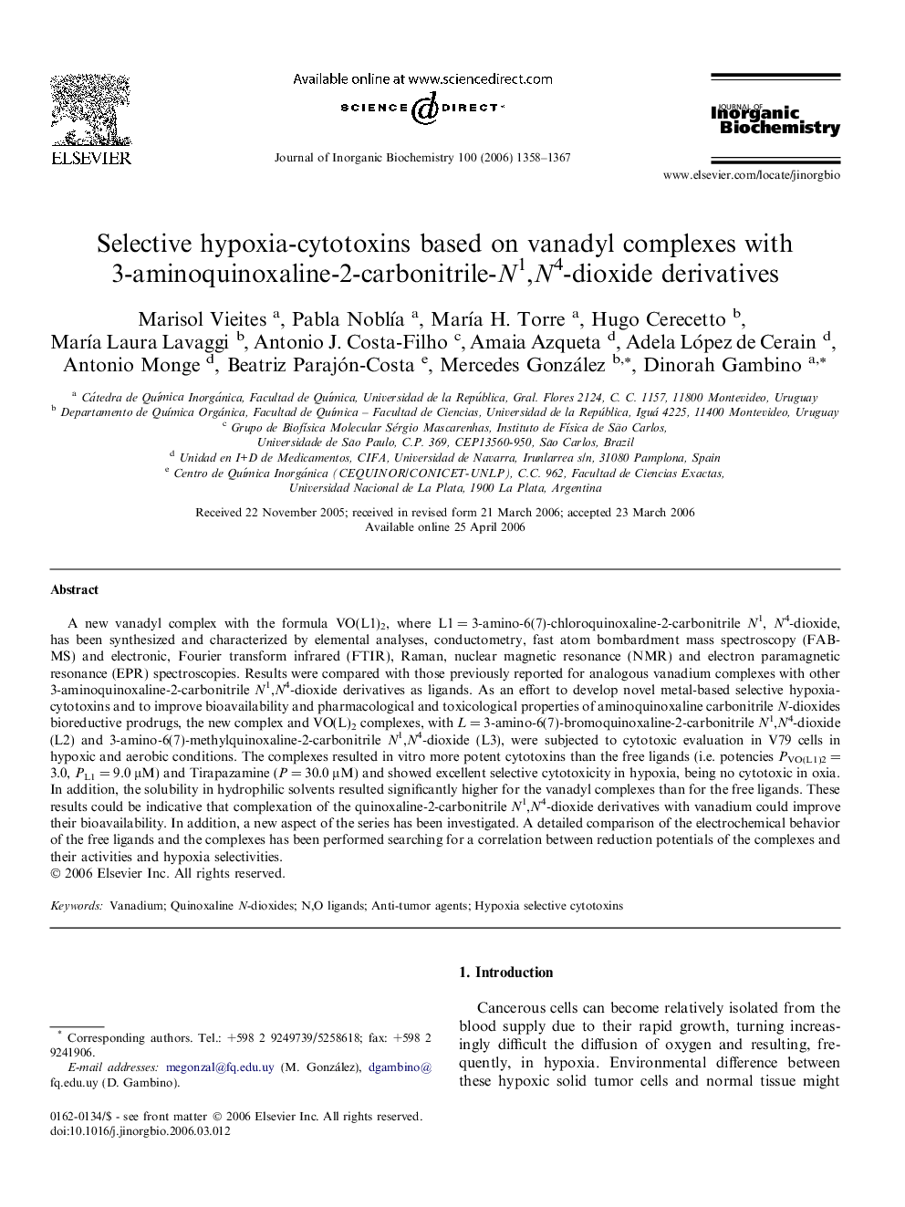 Selective hypoxia-cytotoxins based on vanadyl complexes with 3-aminoquinoxaline-2-carbonitrile-N1,N4-dioxide derivatives