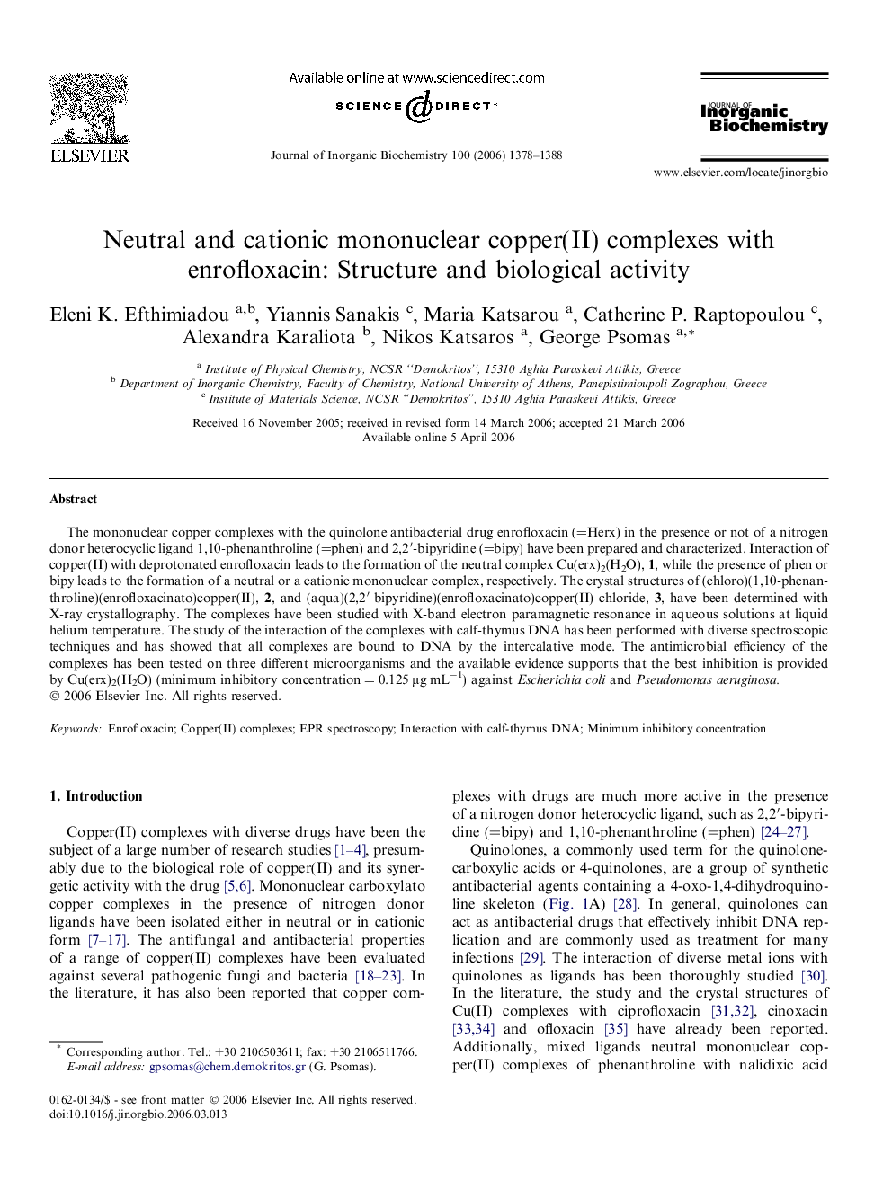 Neutral and cationic mononuclear copper(II) complexes with enrofloxacin: Structure and biological activity