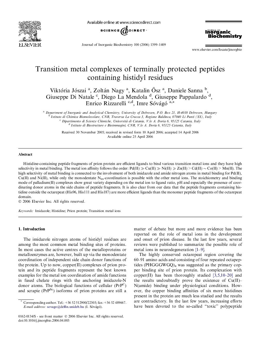 Transition metal complexes of terminally protected peptides containing histidyl residues