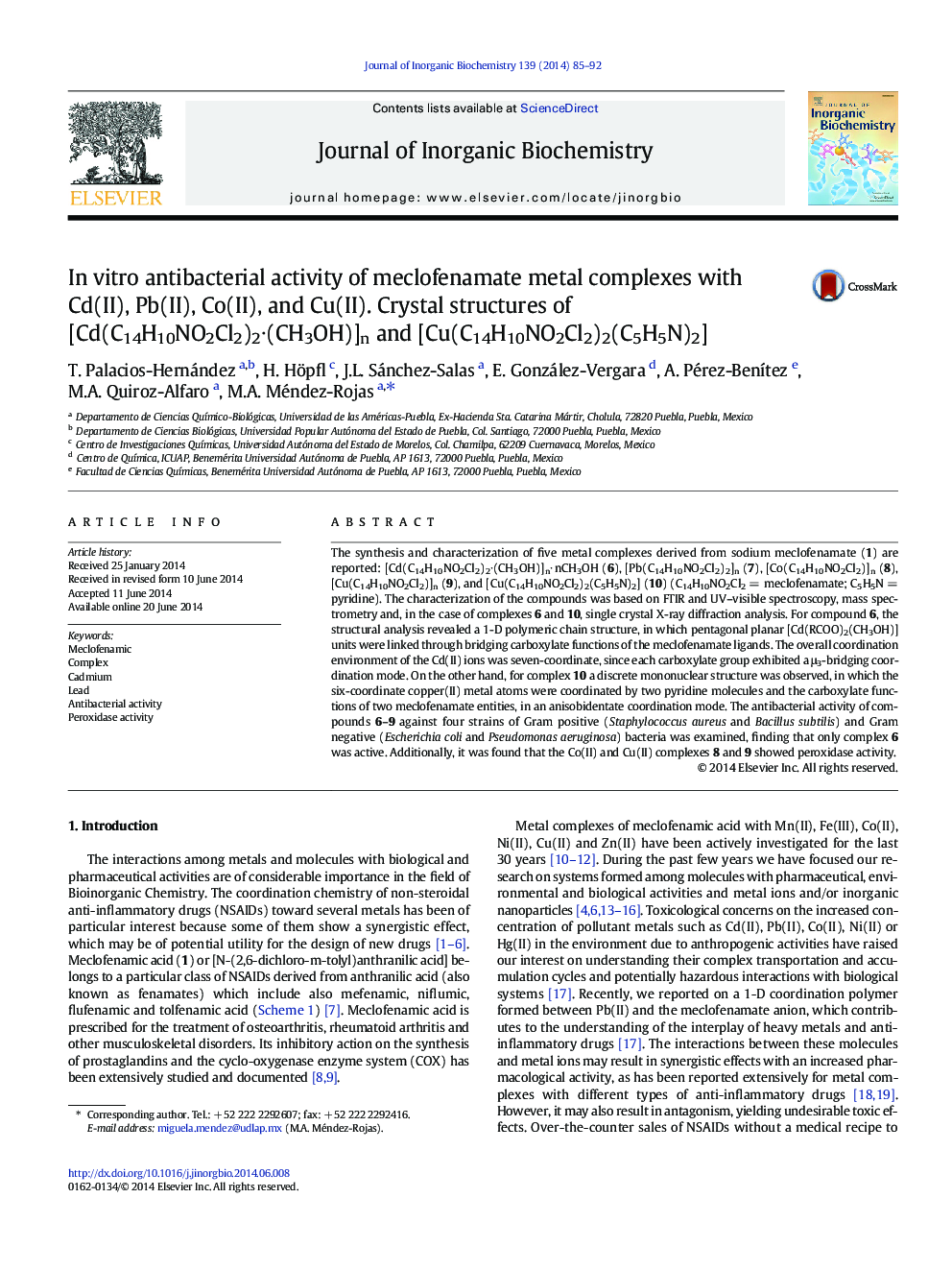 In vitro antibacterial activity of meclofenamate metal complexes with Cd(II), Pb(II), Co(II), and Cu(II). Crystal structures of [Cd(C14H10NO2Cl2)2∙(CH3OH)]n and [Cu(C14H10NO2Cl2)2(C5H5N)2]