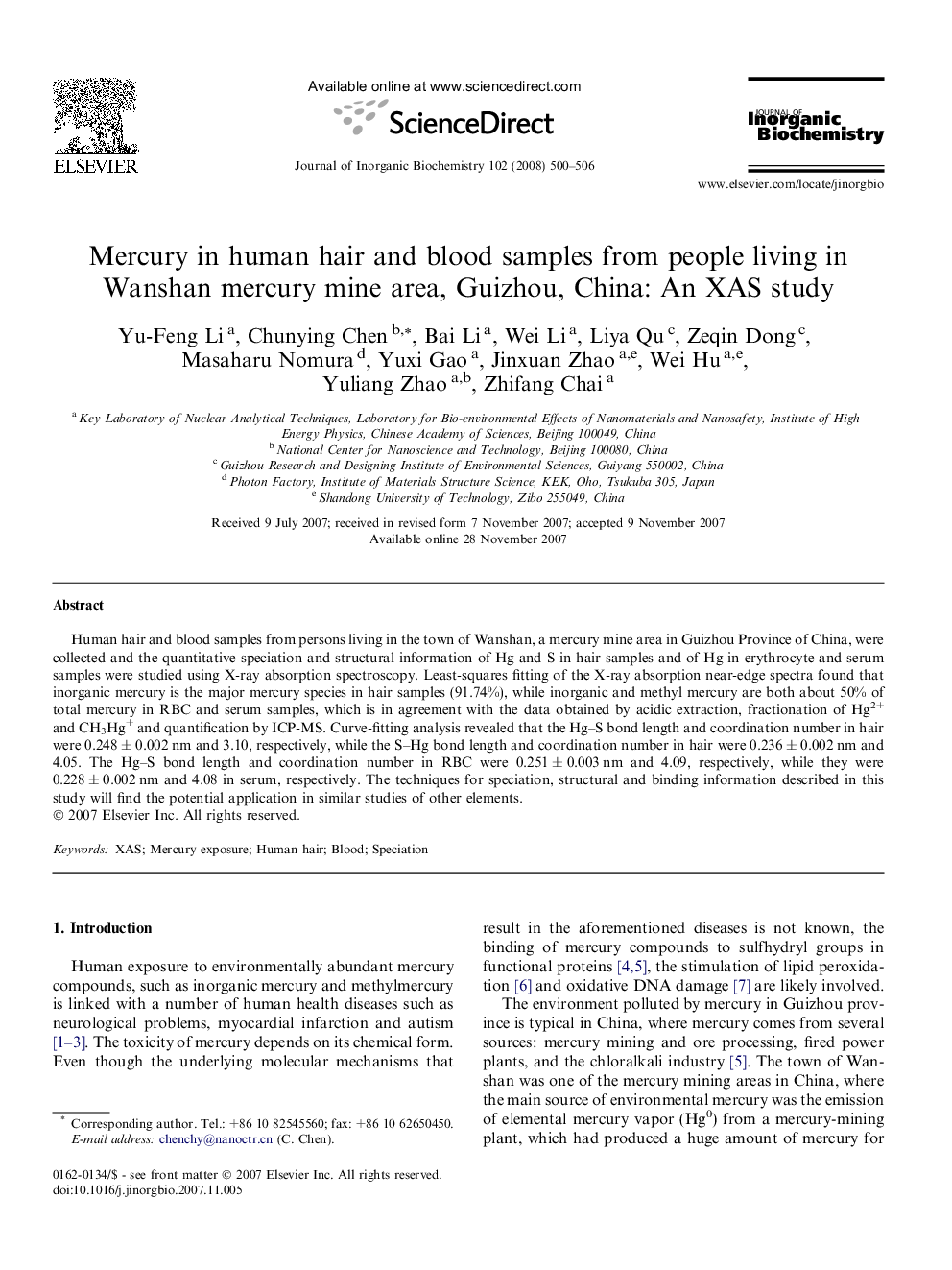 Mercury in human hair and blood samples from people living in Wanshan mercury mine area, Guizhou, China: An XAS study