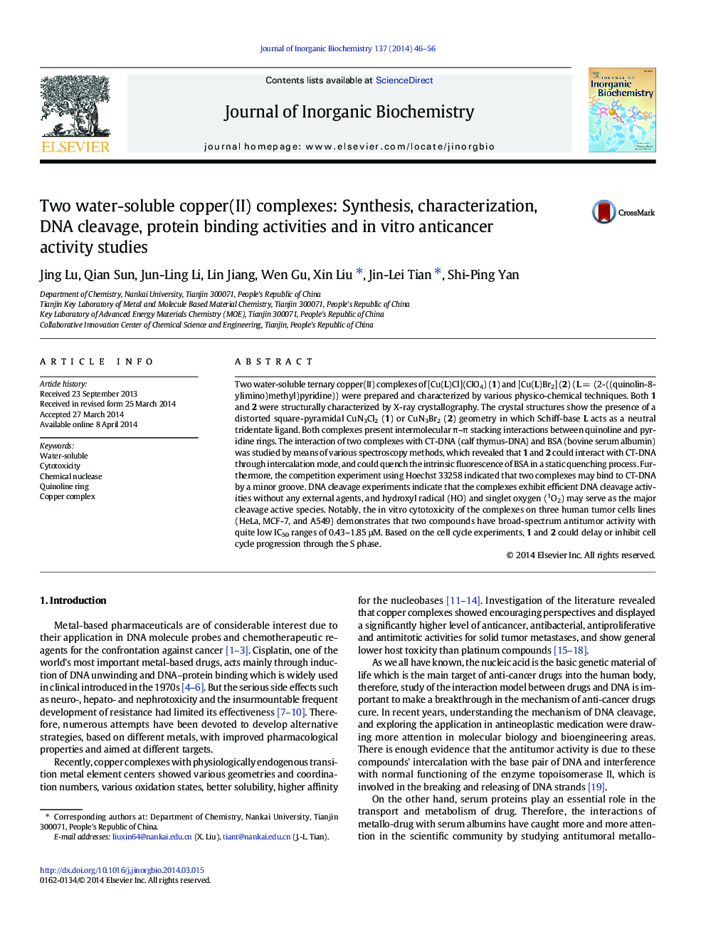 Two water-soluble copper(II) complexes: Synthesis, characterization, DNA cleavage, protein binding activities and in vitro anticancer activity studies