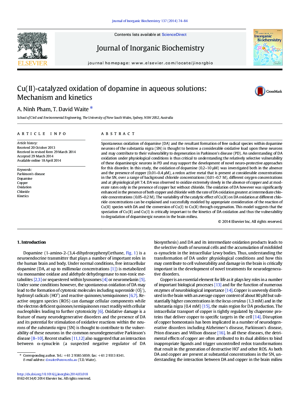 عکس صفحه اول مقاله: Cu(II)-catalyzed oxidation of dopamine in aqueous solutions: Mechanism and kinetics Cu(II)-catalyzed oxidation of dopamine in aqueous solutions: Mechanism and kinetics