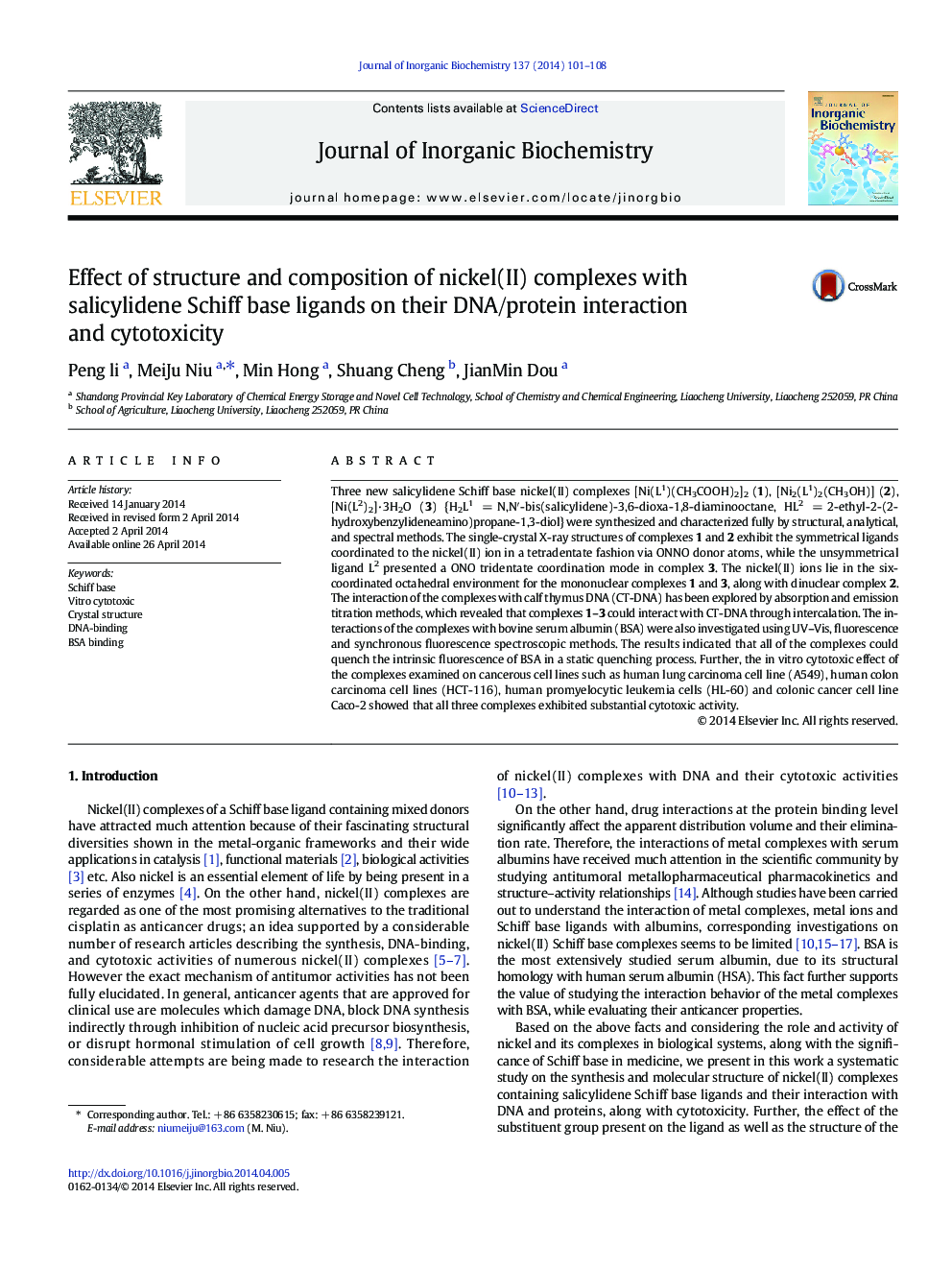 Effect of structure and composition of nickel(II) complexes with salicylidene Schiff base ligands on their DNA/protein interaction and cytotoxicity